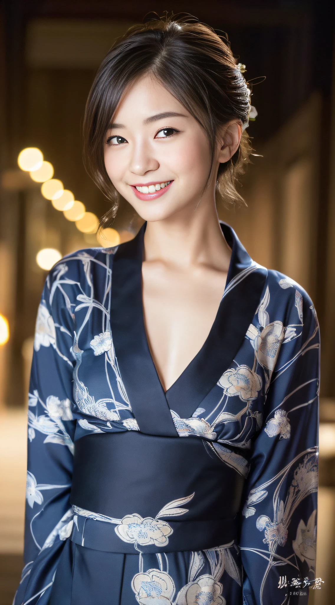 (((top quality, 8k, masterpiece))), crisp focus, (beautiful woman with perfect figure), slender, (hairstyle: up)), (yukata: black)), night road: 1.2, highly detailed face and skin texture, detailed eyes, double eyelids, random posture, seduction with (smile), Japan person, chest out
