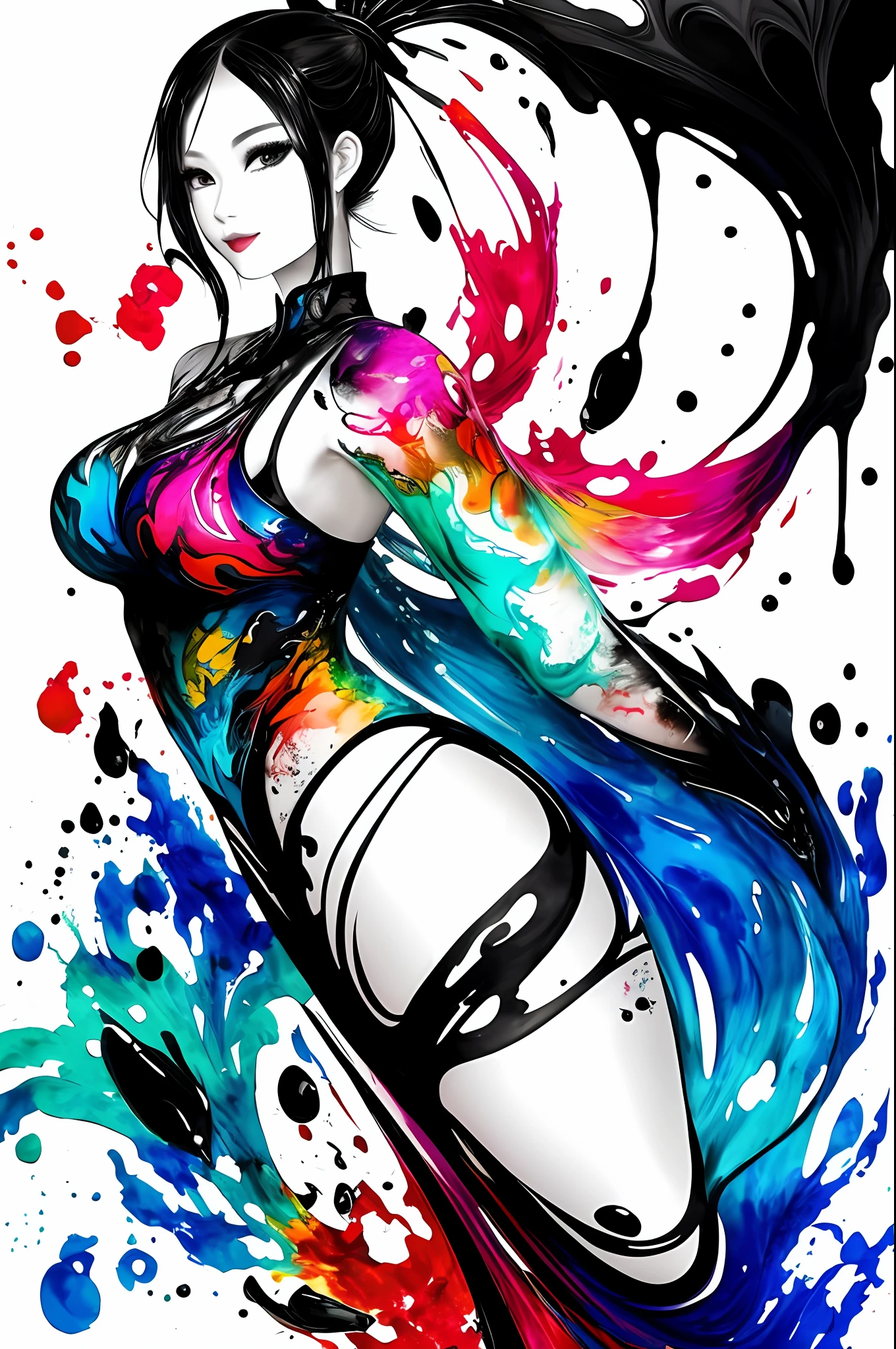 Chinese ink freehand painting, washed melting ink with color technique, splashed ink splash shape, bold use of color, abstract, surreal, beautiful kawaii fashion woman, abstract and blurred shapes and brushstrokes, tight exposed navel clothes, fantasy hourglass body shape, super giant breasts, thick legs, thin waist, happy and smiling, modern city background, complex gradient of water and ink, the picture shows modernization, passion, love, erotic