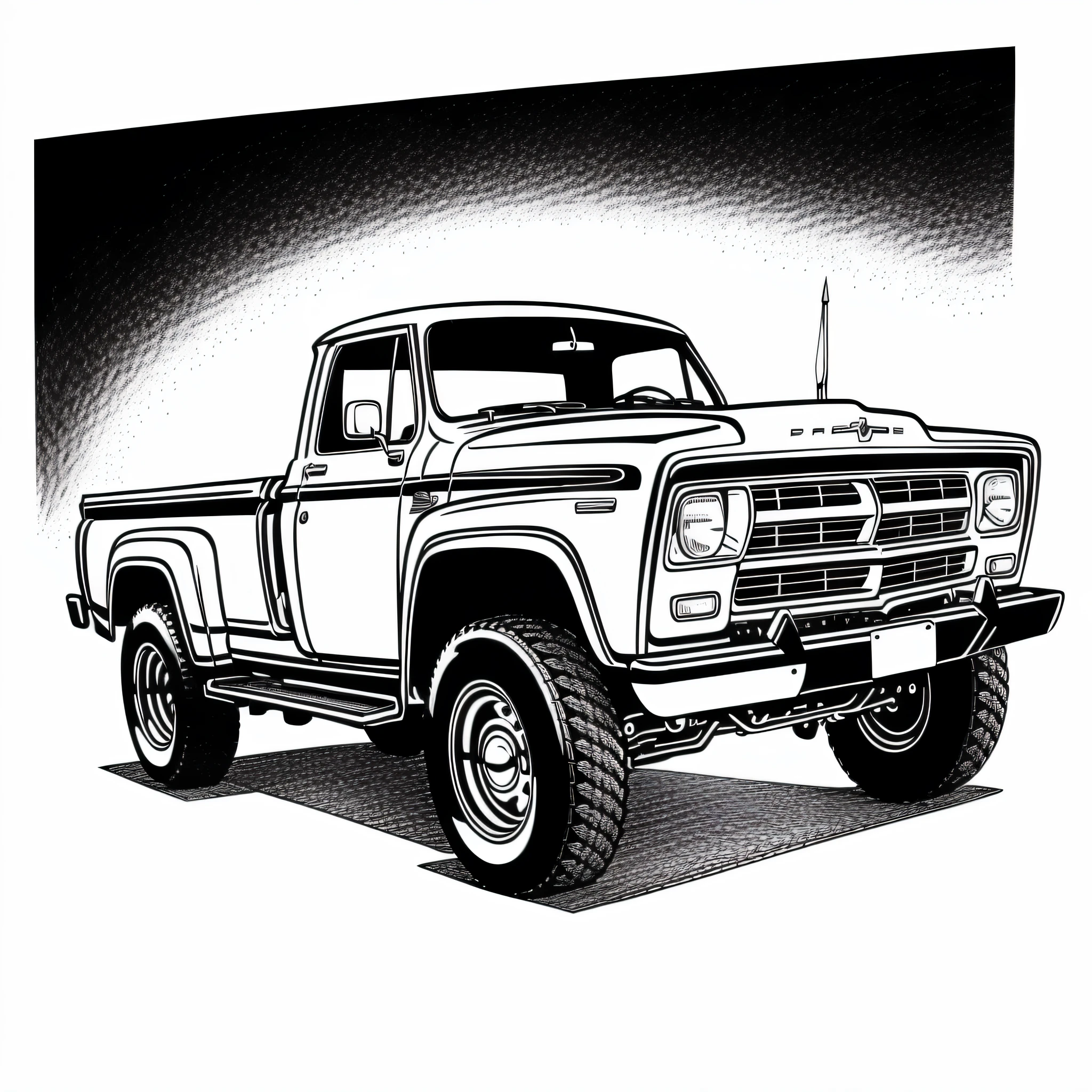 ((high quality)), ((masterpiece)), 8k, a closeup of a pickup, center, pickup truck in the center of the image, detailed drawing of clean paint line, retro line art, driving, black and white vector art, line art coloring page, vector line art, vehicle illustration, black line art on white, black ink line art, vector ink drawing, perfect pen and ink line art, colored