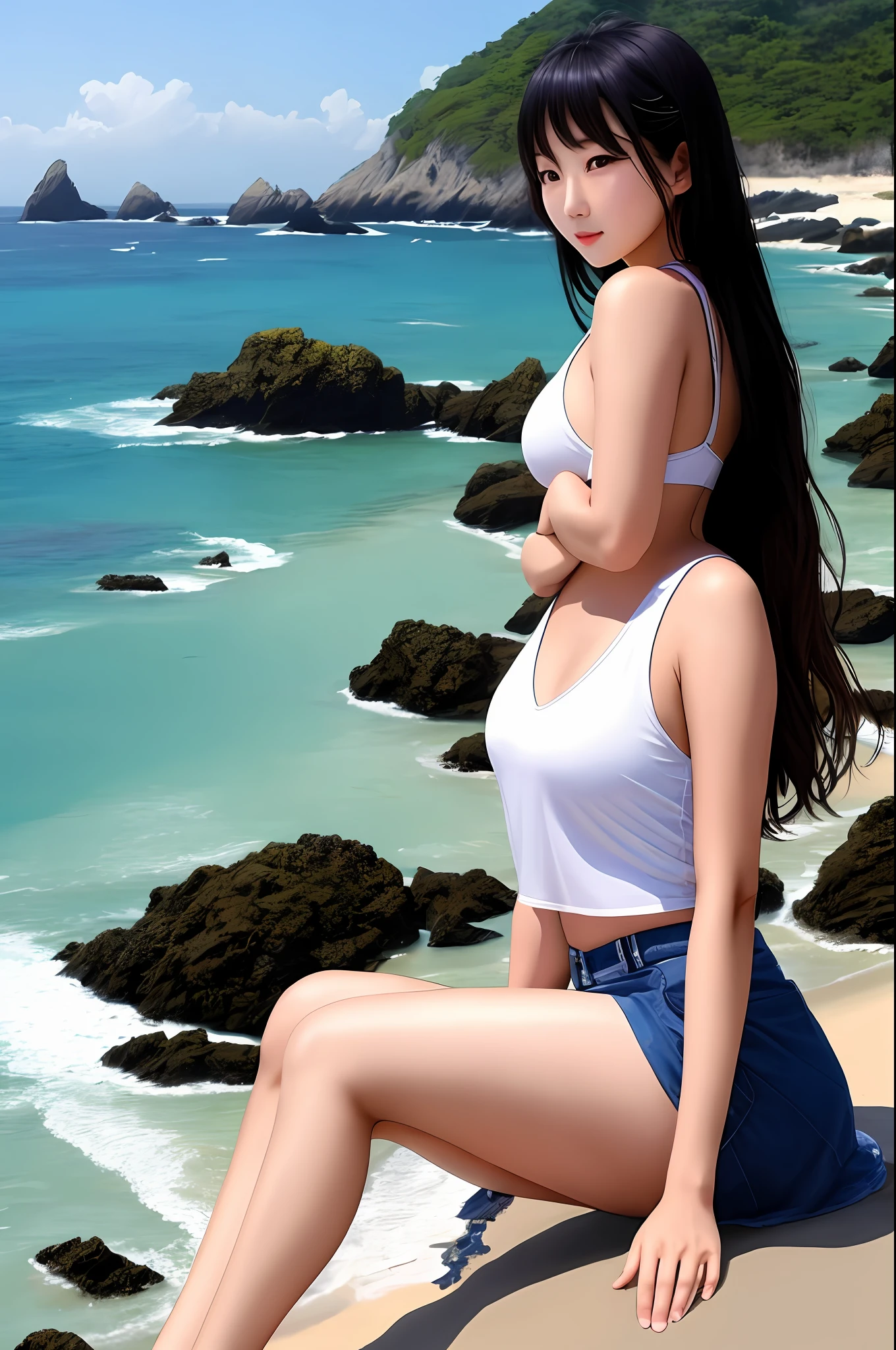 (Realistic) Korean girl,hot on the beach,coast