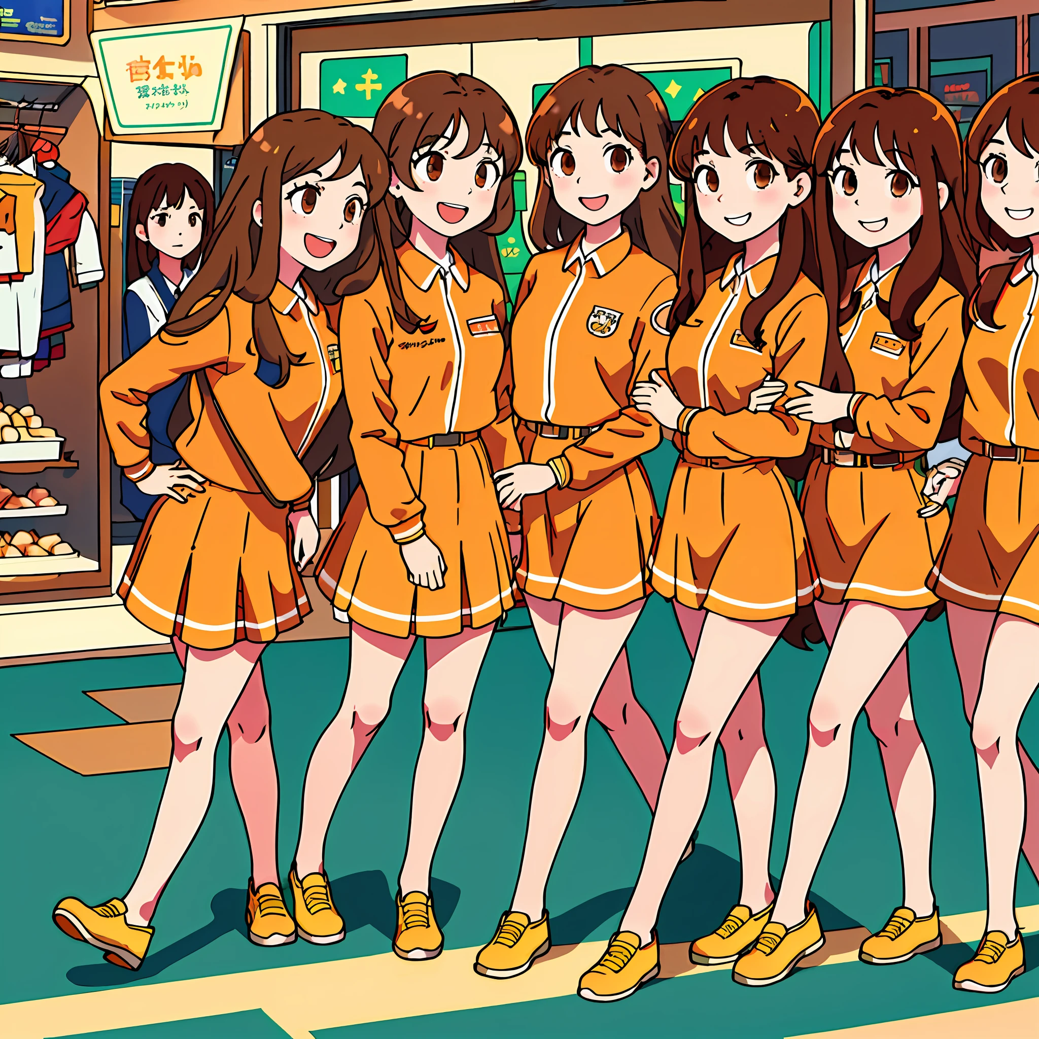 perfect anime illustration, multiple girls, teenage girls, clones, identical sisters, crowded, brown hair, curly hair, long hair, matching hairstyle, hazel eyes, smiling, employee uniforms, matching outfits, highres, full body, bare legs, group picture