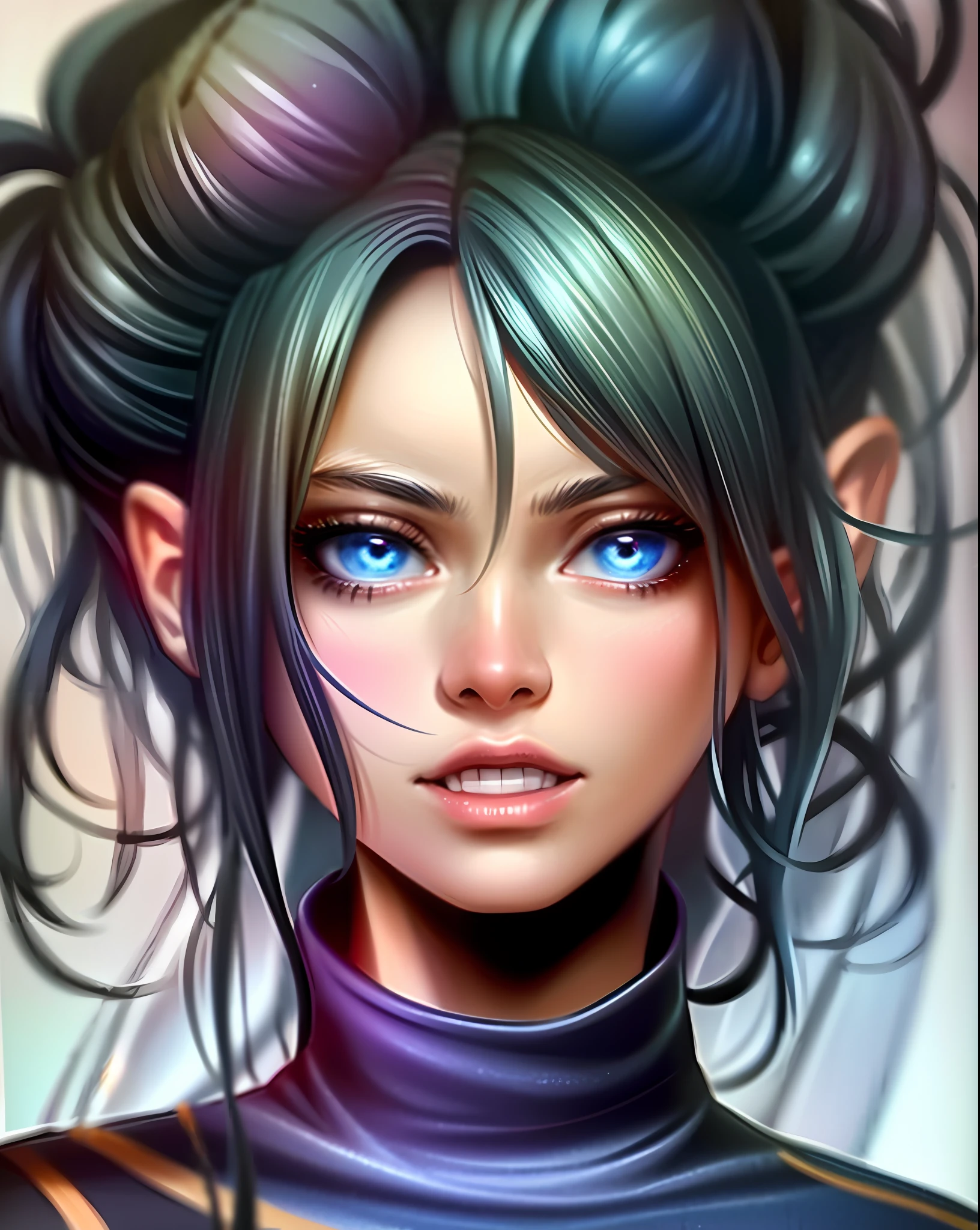 A woman with a lot of hair in her hair, realistic anime art style, detailed colorful anime, fair skin, blue eyes, baki anime style, anime art style, lush girl design, anime highlight, dramatic light, high quality, high definition, 16k, uhd, severe low lighting, high quality, sharp focus, fujifilm XT3, fine composition, super detailed,  better quality.