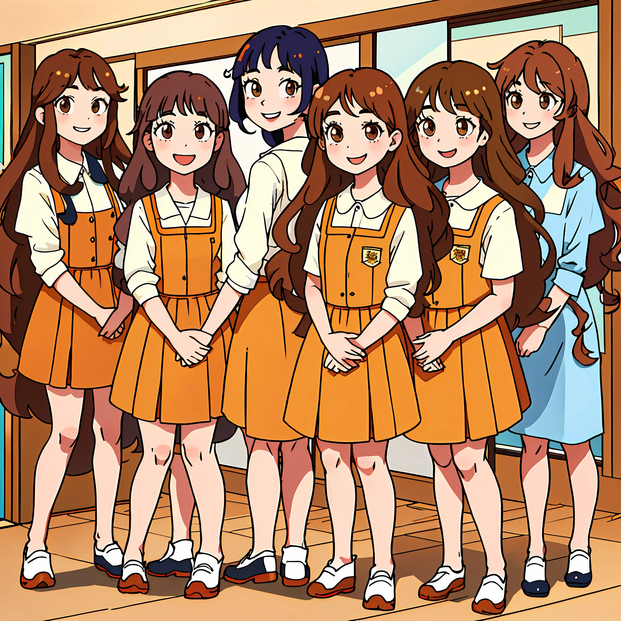 perfect anime illustration, multiple girls, teenage girls, clones, identical sisters, crowded, brown hair, curly hair, long hair, matching hairstyle, hazel eyes, smiling, employee uniforms, matching outfits, highres, full body, bare legs, group picture