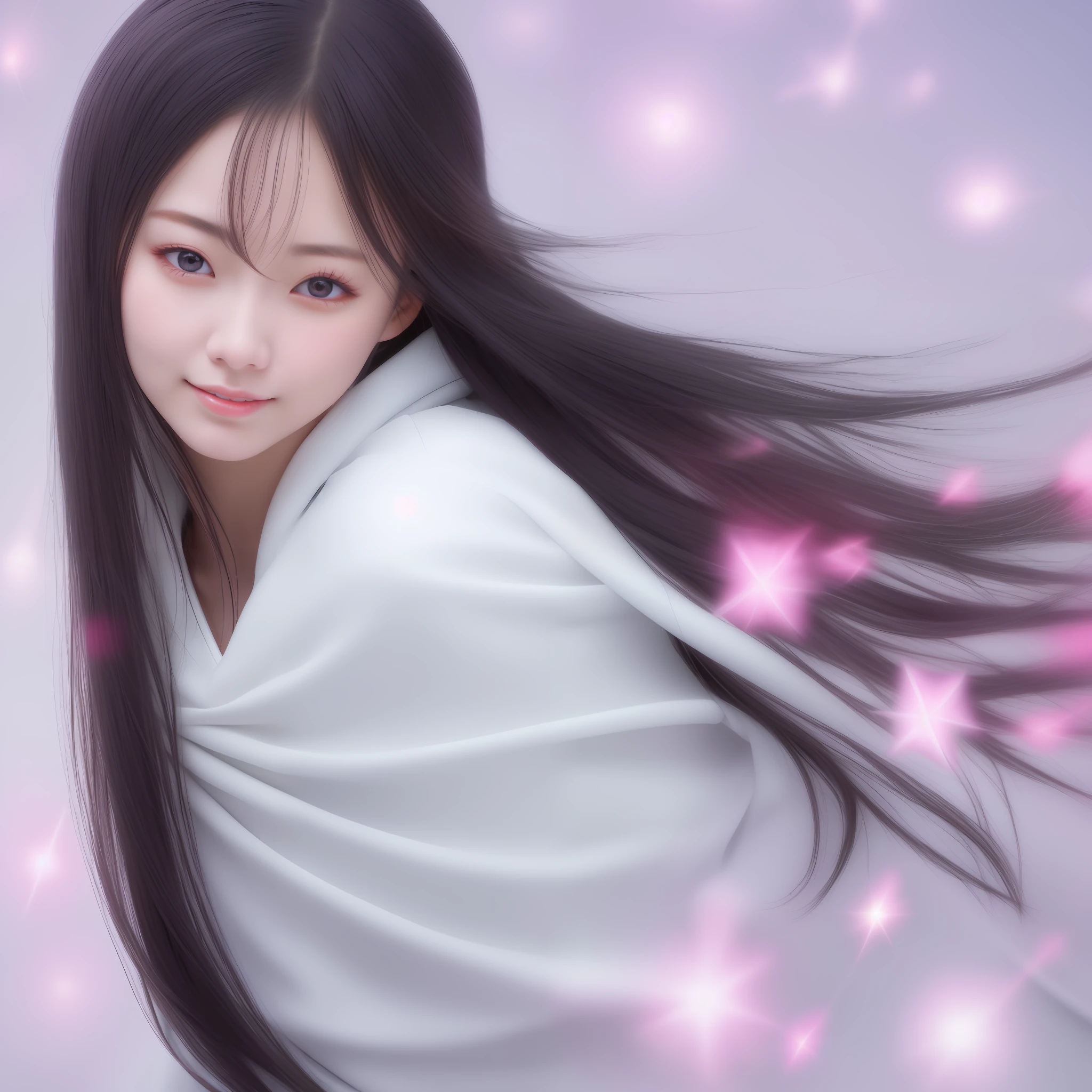 Beautiful Japan woman, nice perfect face with soft skin, small face with nose and rose-like lips, beautiful eyes, beautiful smile, black thin long beautiful hair bathed in vivid etheric glow, white hoodie and navy dress, bright colorful background, super realistic woman photo, high quality High Resolution 8K Masterpiece