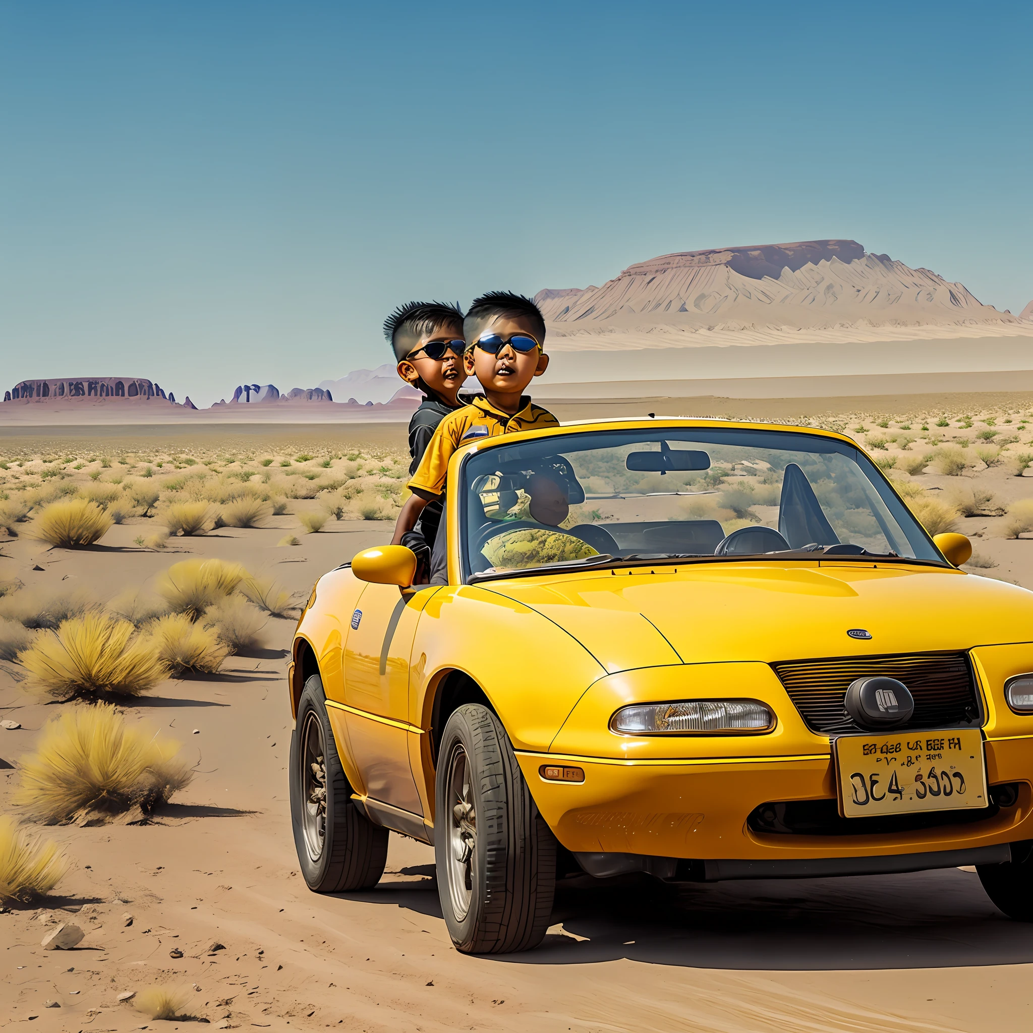 A 6-year-old Asian boy drives a striking yellow car through the vast expanse of desert. The boy wears sunglasses and a black tight-fitting leather jacket that makes him look cooler and younger. The entire scene is 16:9 ratio, creating a wide visual effect, making people feel the vastness of the desert and the bravery of the boy. The photo is full of innocence and adventurous spirit, which is memorable --auto --s2