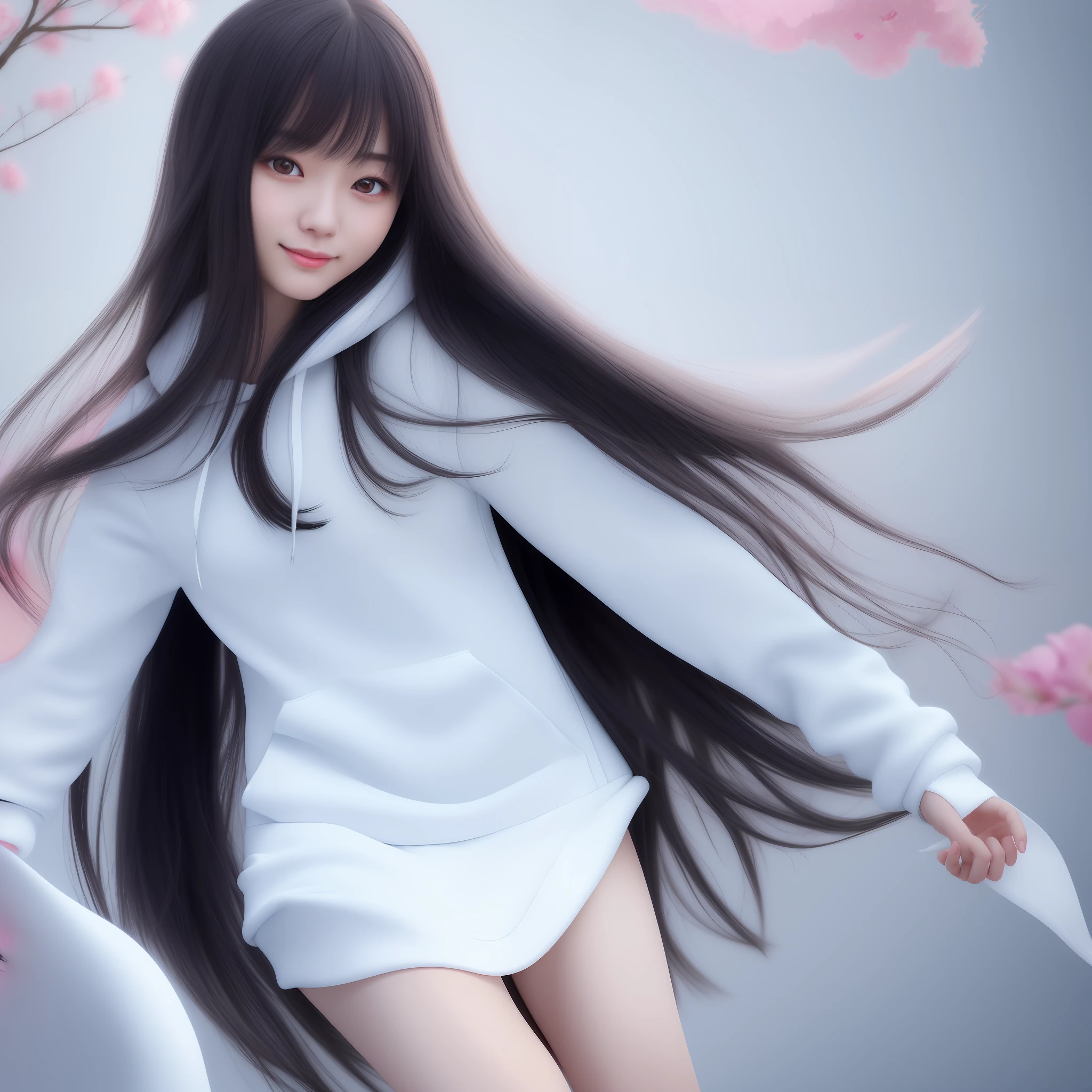 Beautiful Japan woman, nice perfect face with soft skin, small face with nose and rose-like lips, beautiful eyes, beautiful smile, black thin long beautiful hair bathed in vivid etheric glow, white hoodie and navy dress, bright colorful background, super realistic woman photo, high quality High Resolution 8K Masterpiece