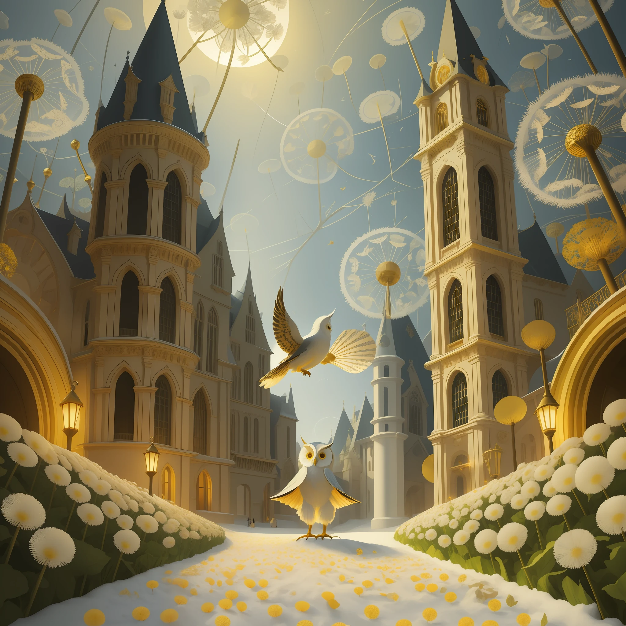 eternal 3d vector illustration by Hieronymus Bosch , tunnel detailed, owl dandelions, golden , ice, white, marble, ,blizzard white, , gold, hi quality render, realistic --v 4 --uplight