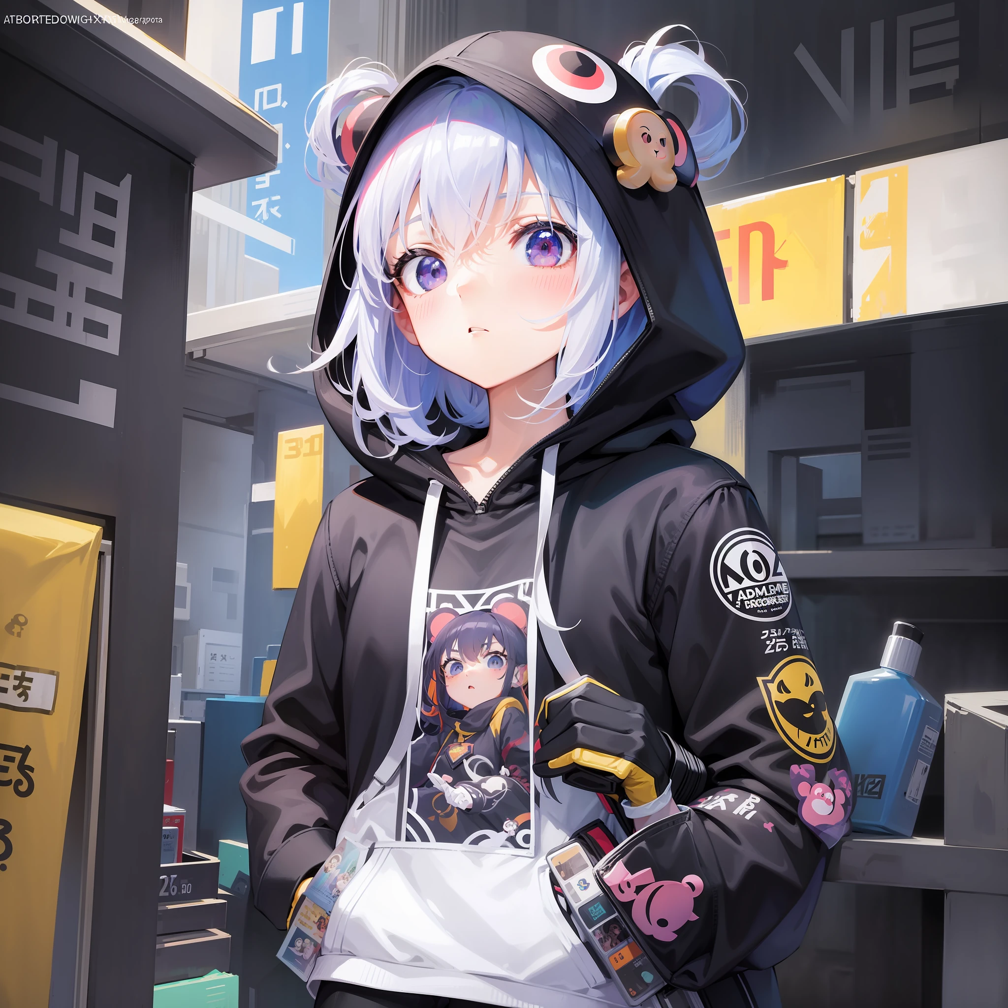 Girl in hoodie, index finger to mouth, facing camera, upper body, monkey, monkey sticker, key anime art, projectile on broken digital art, anime art wallpaper 8K, anime style 4K, badass anime 8K