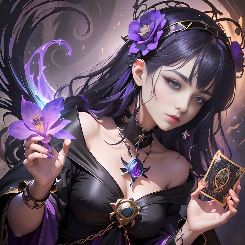 (Painting style: unique style +1.2) , (theme: mysterious divine power +1.2), free "stall" fairy, mysterious cape, purple flower head ring with bright black hair, mysterious black eyes looking at guests, mysterious atmosphere overflowing, mysterious whereabouts, inky background contrasts with fortune-telling cards, mysterious atmosphere. (Fortune teller: 1.1)