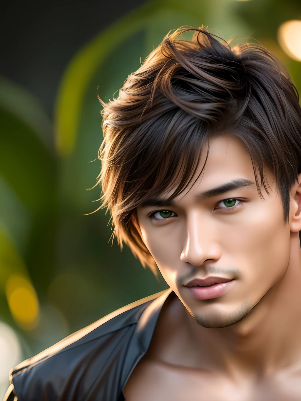 Cinematic soft lighting illuminates a stunningly detailed and ultra-realistic handsome Oriental Thai-Filipino male supermodel, beach look, ultra short messy light brown hair, clear green eyes, captivating perfect smile, sensual, hot man, insanely handsome, that is trending on ArtStation. Octane is the perfect tool to capture the softest details of this 16k photography masterpiece.