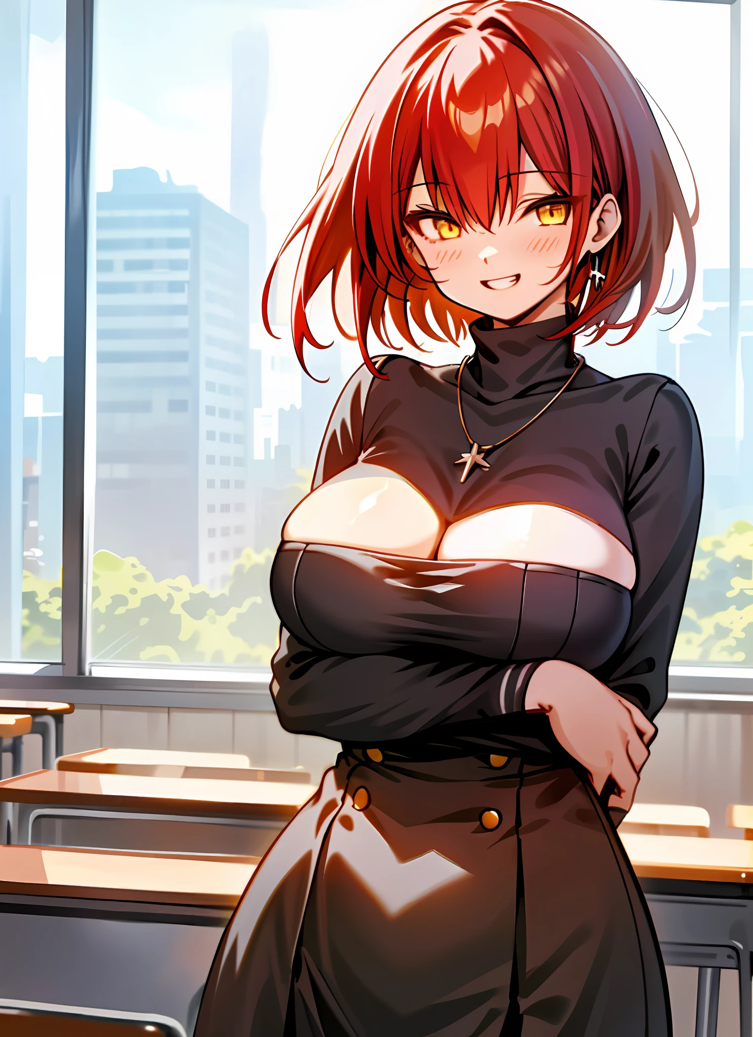 1girl, curvaceous, thick thighs, wide waist, slender waist, upper body, watch viewer, cowboy shots,young, cleavage, necklace, big, open mouth, red hair, uniform, short cut, knee socks, brown, sister, arms crossed, grin, yellow eye, building, classroom, black clothes, plump