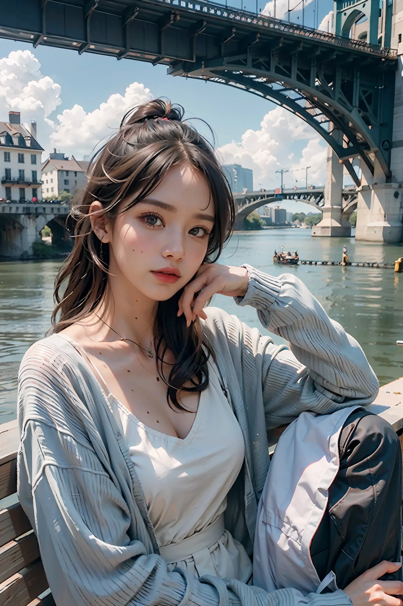 best quality, masterpiece, photo realistic, intricate details, raw photo, photon rendering, octane render, absurdres, ultra detailed, detailed face, detailed skin, trending on artstation,8k masterpiece,cinematic lighting, scenery, scenery, no humans, cityscape, sky, city, cloud, outdoors, building, sunset, city lights, bridge, river, tree, roadn, artist name,