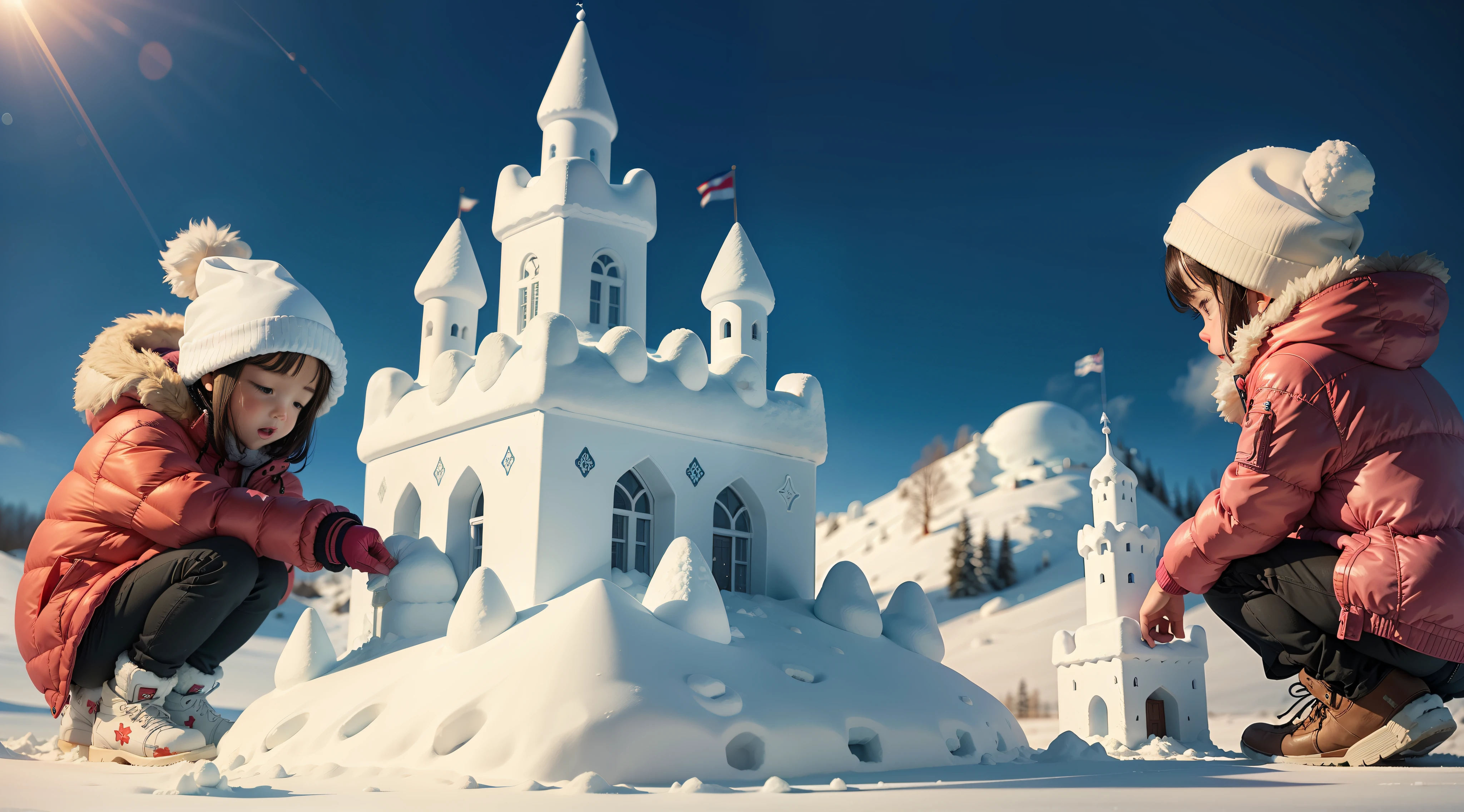 Children making a snow castle