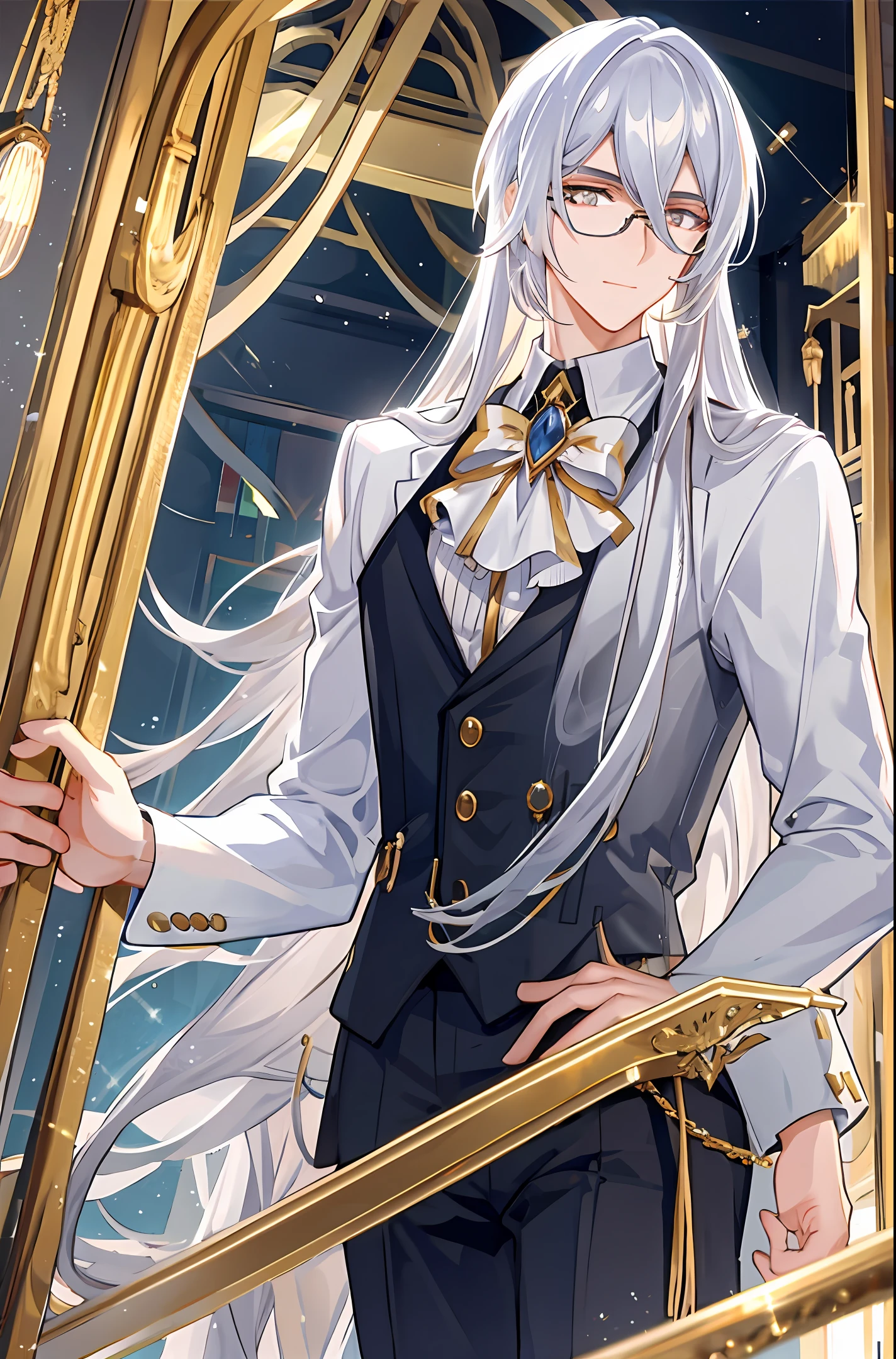 A young man with golden eyes, long hair, silver hair, gold-rimmed glasses, calm