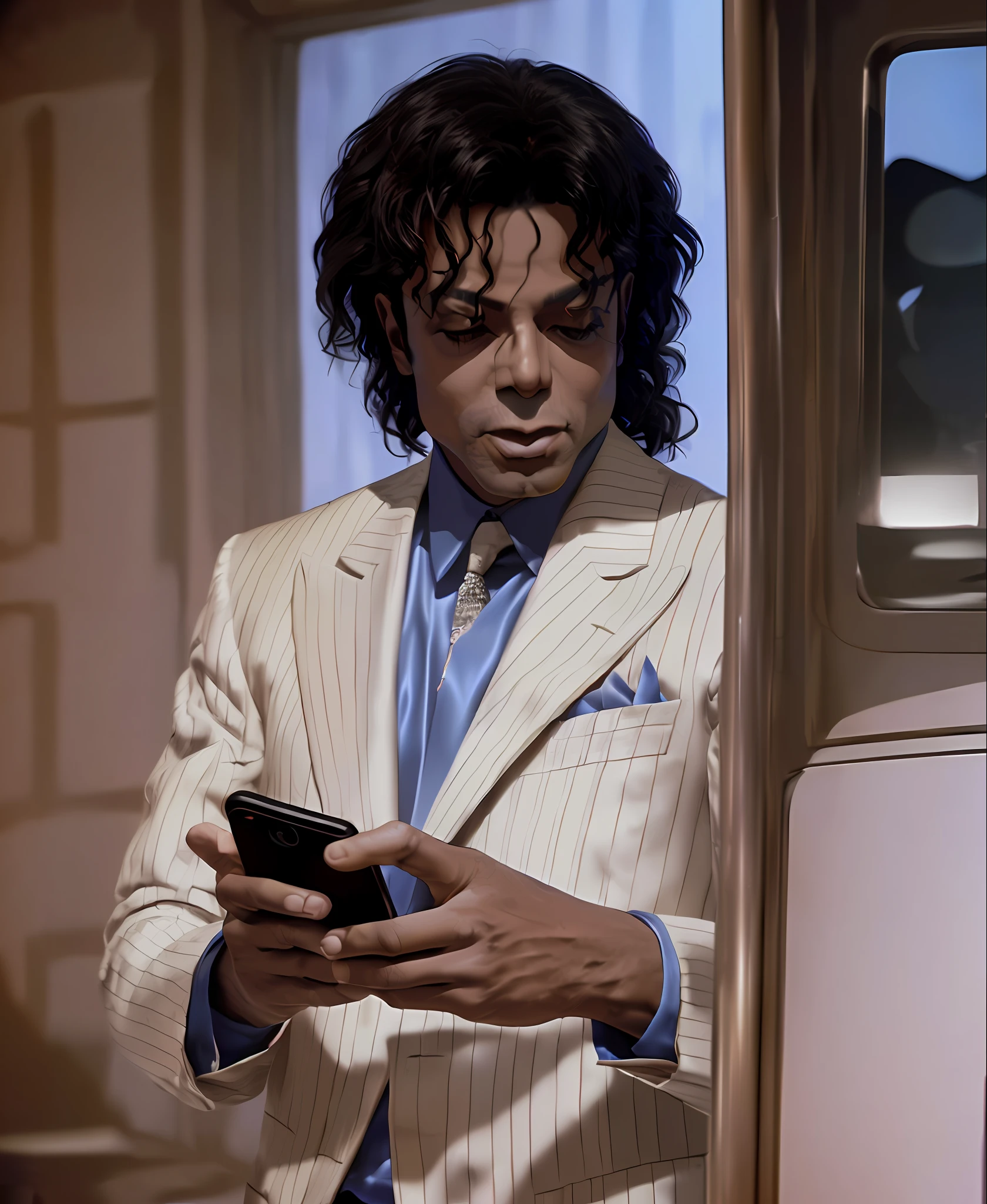 smoothcriminal Michael Jackson texting on a smartphone next to chris tucker looking at him, inside a dark room with a jukebox in the background, high quality