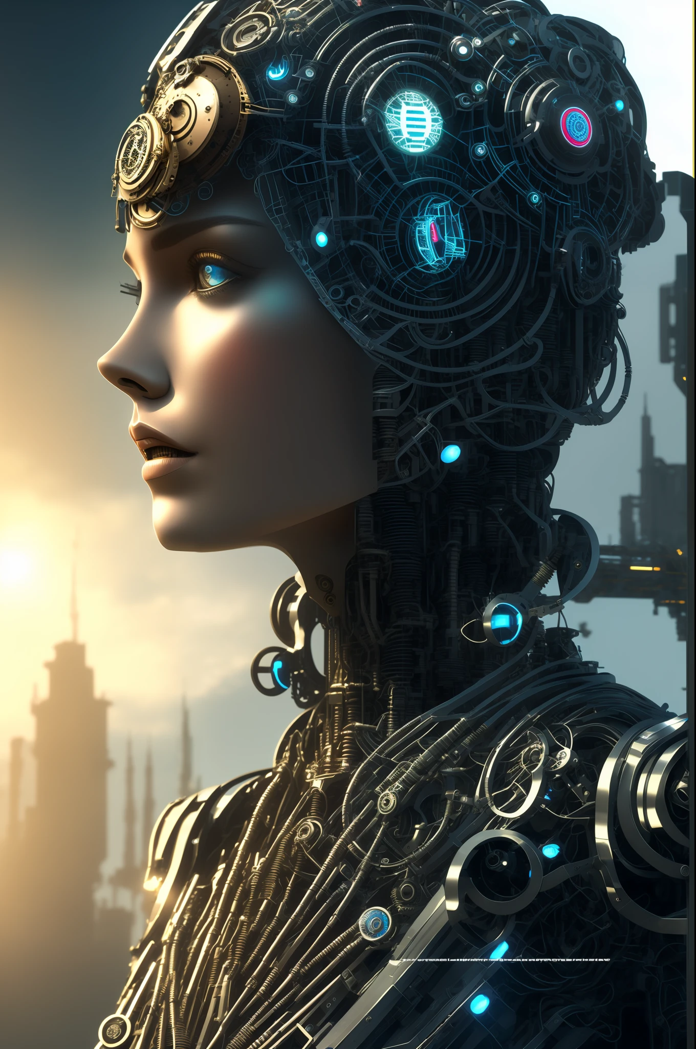 full body cyborg| full-length portrait| detailed face| symmetric| steampunk| cyberpunk| cyborg| intricate detailed| to scale| hyperrealistic| cinematic lighting| digital art| concept art| mdjrny-v4 style
