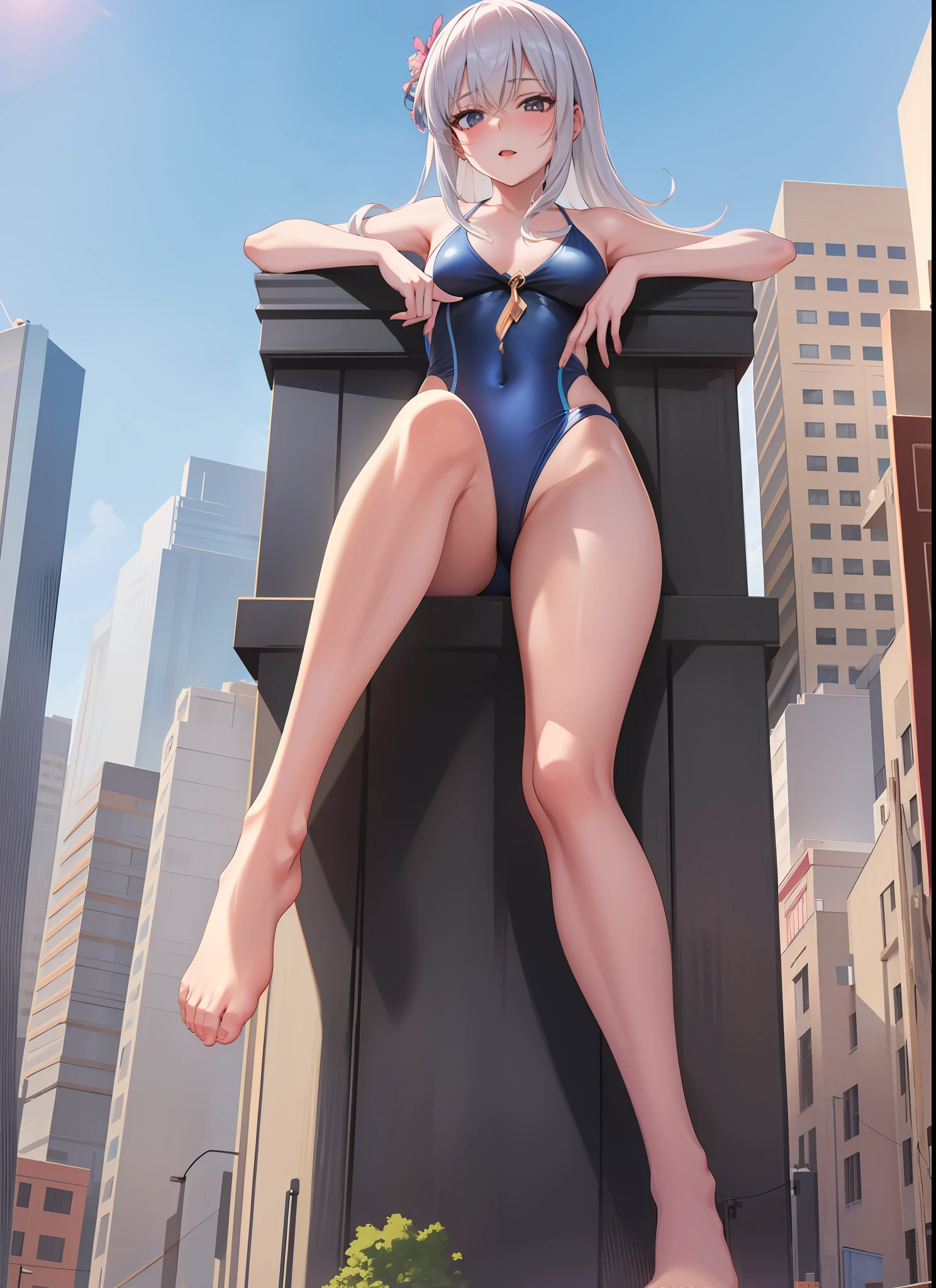 1girl, gtscity, a beautiful mature tall woman sitting on a small building, the people around are startled, uniform swimsuit, playful, naked, beautiful, barefoot, from below, detailed, anime style, detailed