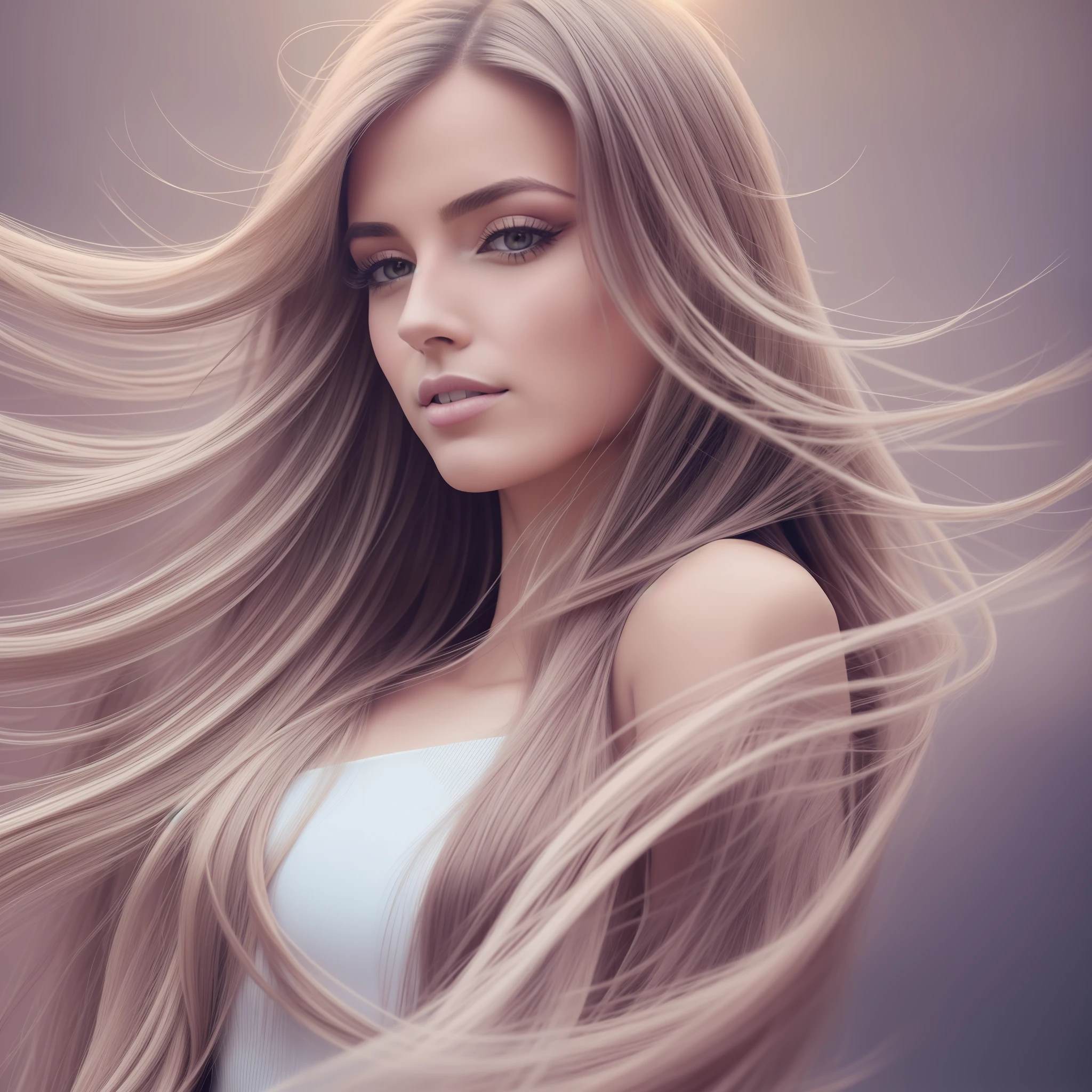 Generate a photograph of a woman. Long and voluminous hair, sharp eyes, a thin and upturned nose, shapely lips, and an hourglass body shape, wearing a simple dress and makeup, create a harmonious background for the photograph. Minimalist-detailed, vibrant, epic, smooth, cinematic, 4K, backlit, and with a deep depth of field. Use a pastel color palette. --auto --s2