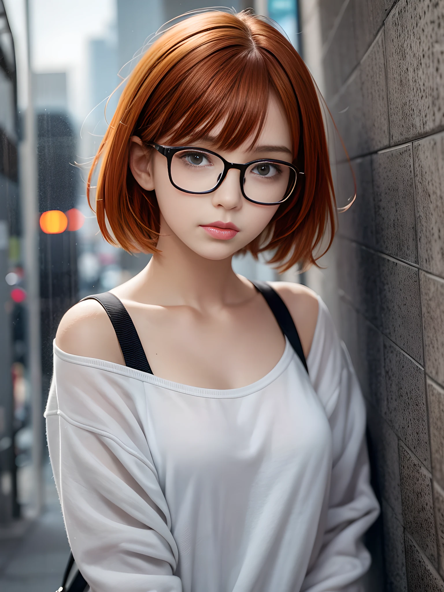 Young beautiful girl pouting on her lips, biting her lips, hands behind her body, embarrassed, shy, looking at the corner, looking tearfully at the camera, she wears no clothes at all, wears short hair, orange hair, glasses and red lips. 16k, realism, hyperdetail, overcast shadow, fisheye perspective, strong wind, wind, heavy rain! (Black Sweatshirt: 1.5), Model,