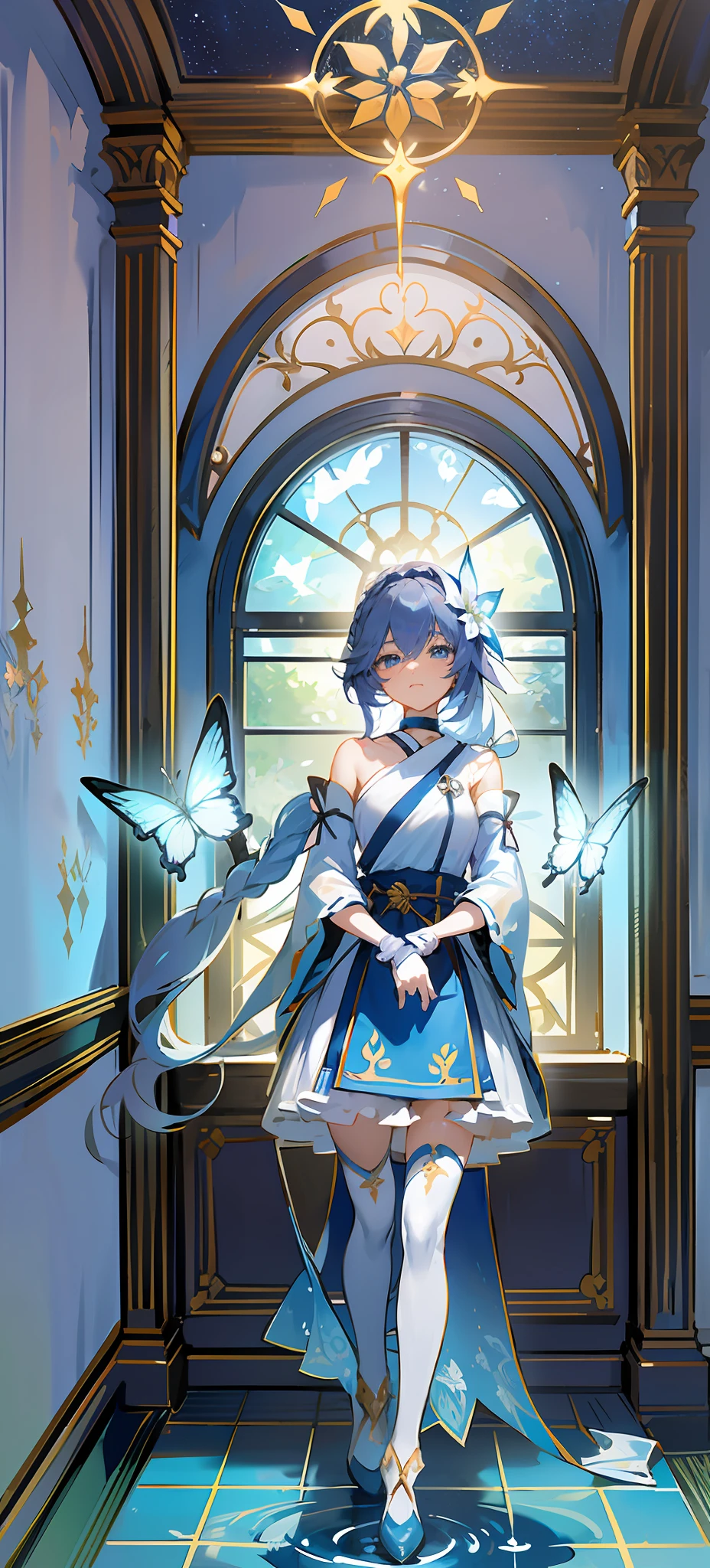 shinkai makoto,kimi no na wa.,(Overhead view),dynamic angle,ultra-detailed, illustration, close-up, straight on, 1girl, (fantasy:1.4), (azure blue eyes:1.233),Her eyes shone like dreamy stars,(glowing eyes:1.233),(beautiful and detailed eyes:1.1),(Silver hair:1.14),(messy hair,very long hair,french braid,hair between eyes,sidelocks), (+(bule hair flower:1.14)),(chiffon dress,bule flower pattern in uniform)/=(military uniform:1.24),(detached sleeves,wide sleeves),(fingerless gloves),choker,(miko thighhighs),High heeled boots,(expressionless,closed mouth),(standing), (classical Princess boudoir with dressing tableand french windowin a white ancient palaces),(white flowers,bloom),(abysmal sea),(flowing water),(a dull blue world tree:1.14),(ruins),(night:1.2),dreamy,soul,(fluorescence),(flying translucent blue butterflies:1.15), [[delicate fingers and hands:0.55]::0.85],(detail fingers),(yubao:0.5),white background, full body,bule theme,golden background,