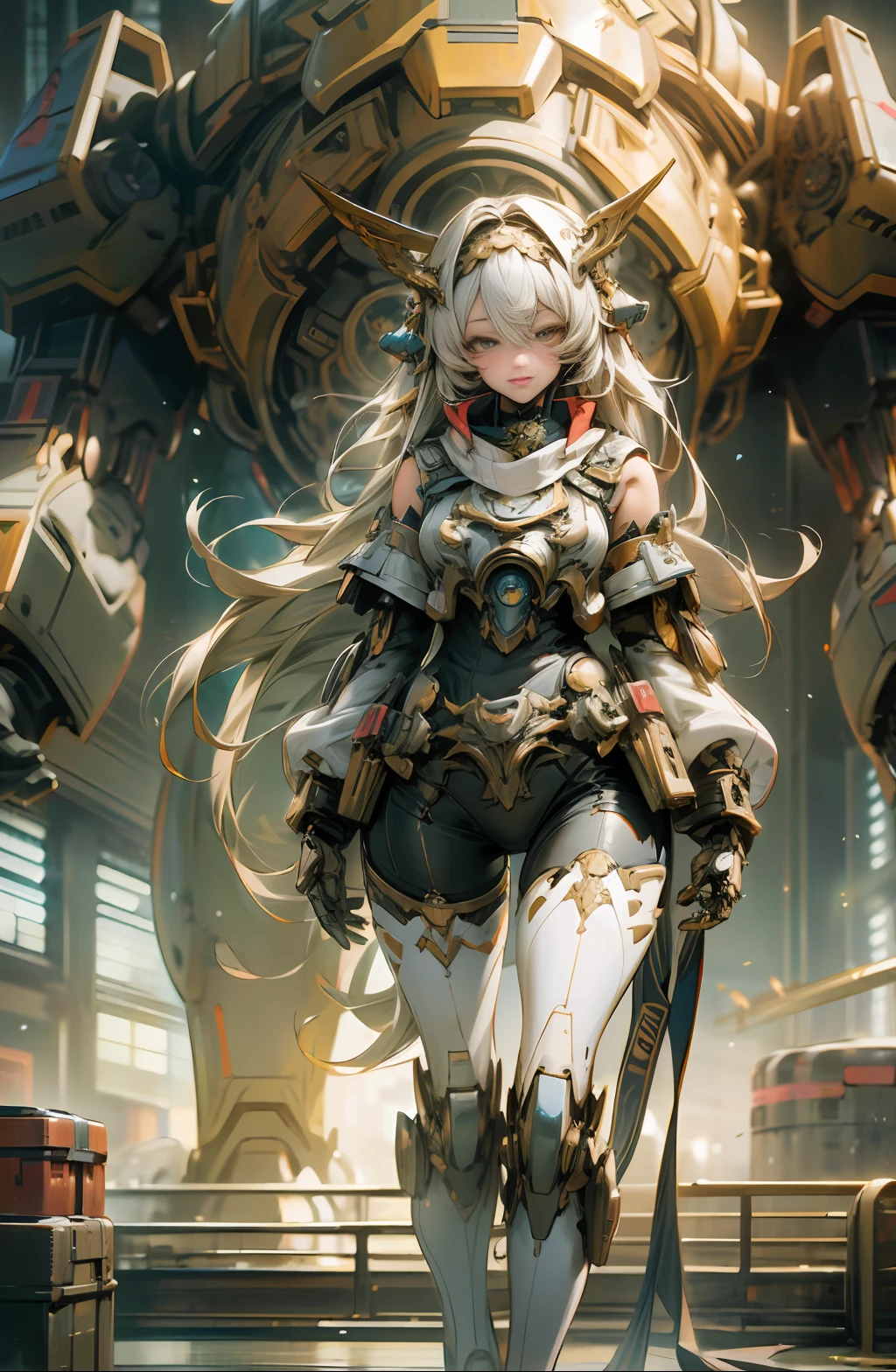 Girl standing in front of giant robot, anime girl standing next to giant robot, guweiz style artwork, full body, full body photo, perfect face, looking at the viewer, machine, bottom-up view, cosplay, raw photo, exquisite, best quality, (intricate detail:1.3), hyper detail, fine detail, colorful, 8k UHD, film grain, (studio lighting: 1.2), (Fujifilm XT3), (PHOTOREALISTIC: 1.3), (Detailed skin: 1.2) Ultra High Resolution, Best Quality, Photo, 4K, (Realistic: 1.4)