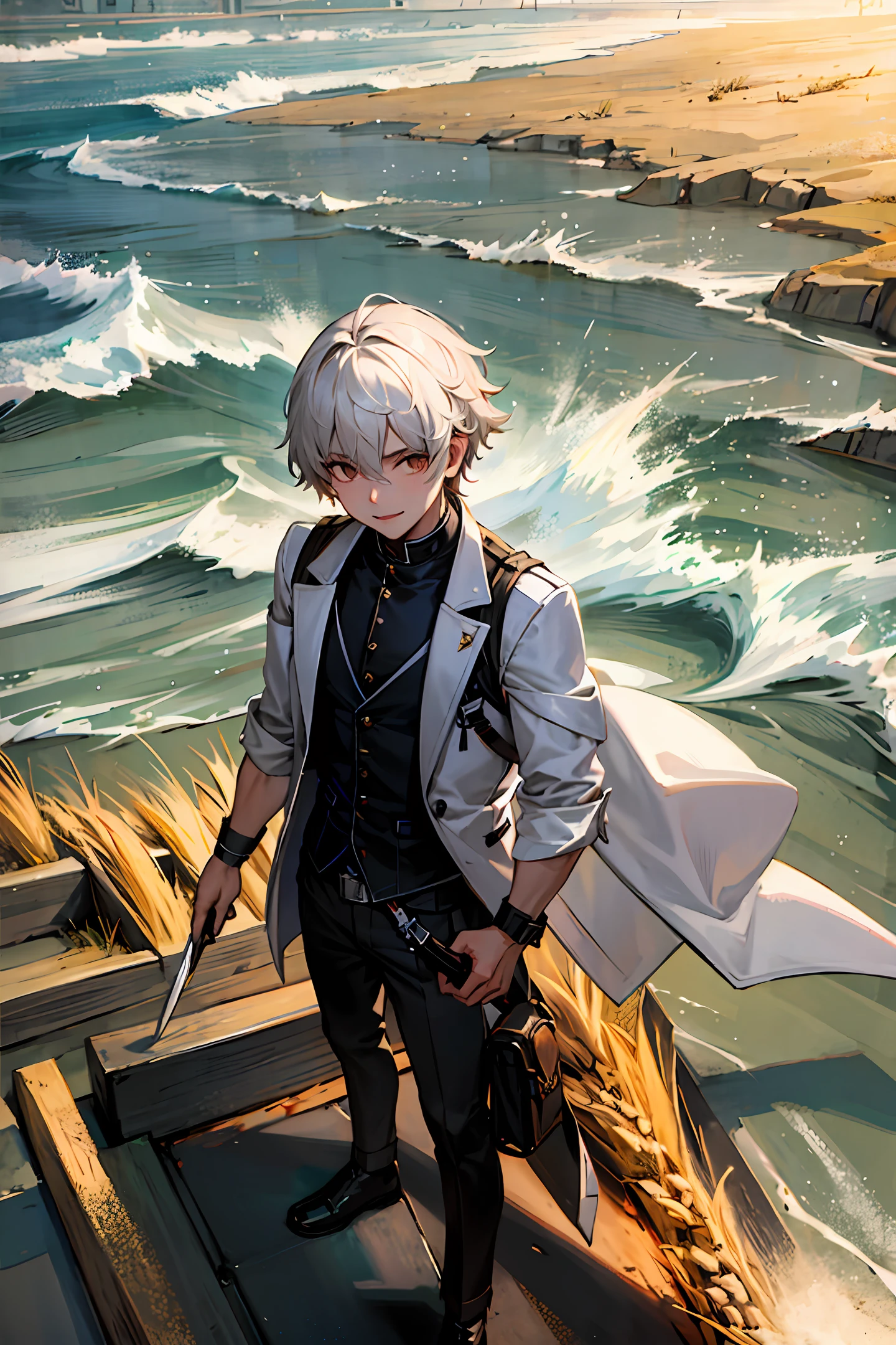 Height 183, male, black hair, gray-red pupils, tall nose, sword eyebrows, short hair, smile at the corners of the mouth, confused eyes, mature, wearing a black trench coat, the weather is cloudy, standing on top of the ruins, left arm across the chest, right hand in trouser pocket, gray goshawk standing above the left arm, defiant eyes, wearing black straight pants, black boots on his feet
