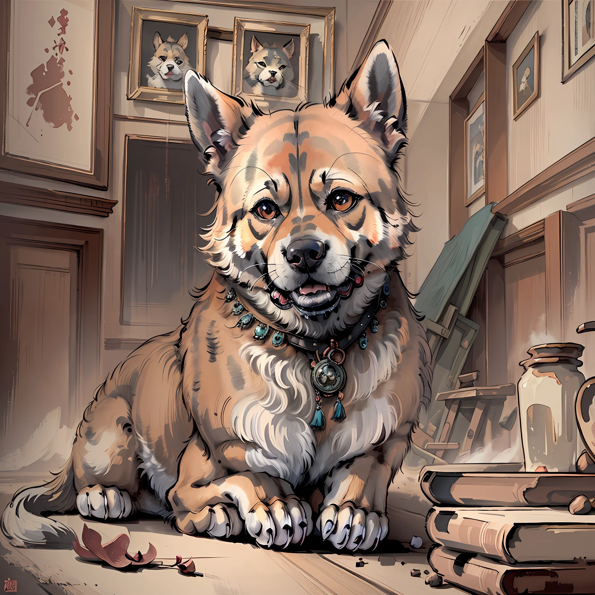The dog, antique painting, art, anthropomorphism, warrior