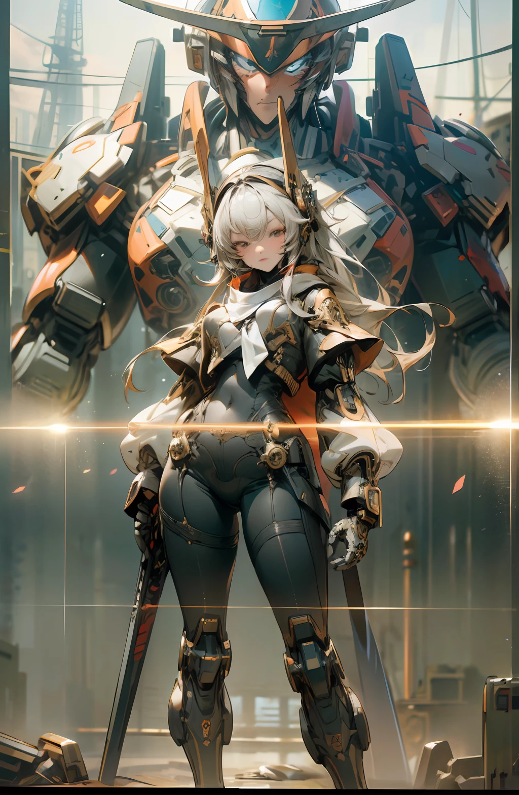 Girl standing in front of giant robot, anime girl standing next to giant robot, guweiz style artwork, full body, full body photo, perfect face, looking at the viewer, machine, bottom-up view, cosplay, raw photo, exquisite, best quality, (intricate detail:1.3), hyper detail, fine detail, colorful, 8k UHD, film grain, (studio lighting: 1.2), (Fujifilm XT3), (PHOTOREALISTIC: 1.3), (Detailed skin: 1.2) Ultra High Resolution, Best Quality, Photo, 4K, (Realistic: 1.4)
