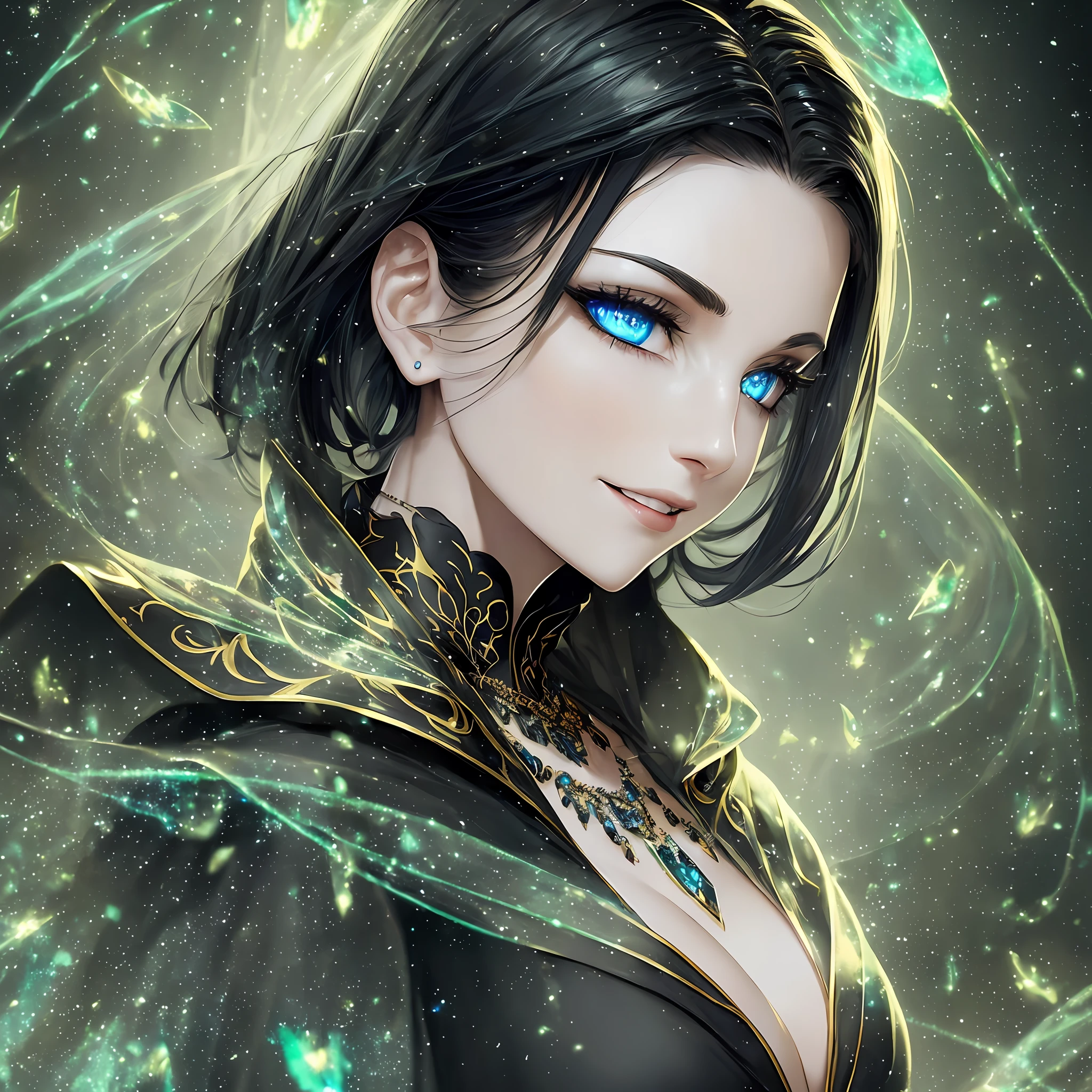 Beautiful woman, realistic facial expression, short black hair, light green eyes, pale skin, wearing a black robe with intricate decorations, witch, confident expression (dynamic angle, dazzling blue eyes, exquisite necklace, convinced smile), (mysterious magic background, fireflies, bright particles, ethereal mist, faint darkness), high saturation, film light, edge light, best shadow --auto --s2
