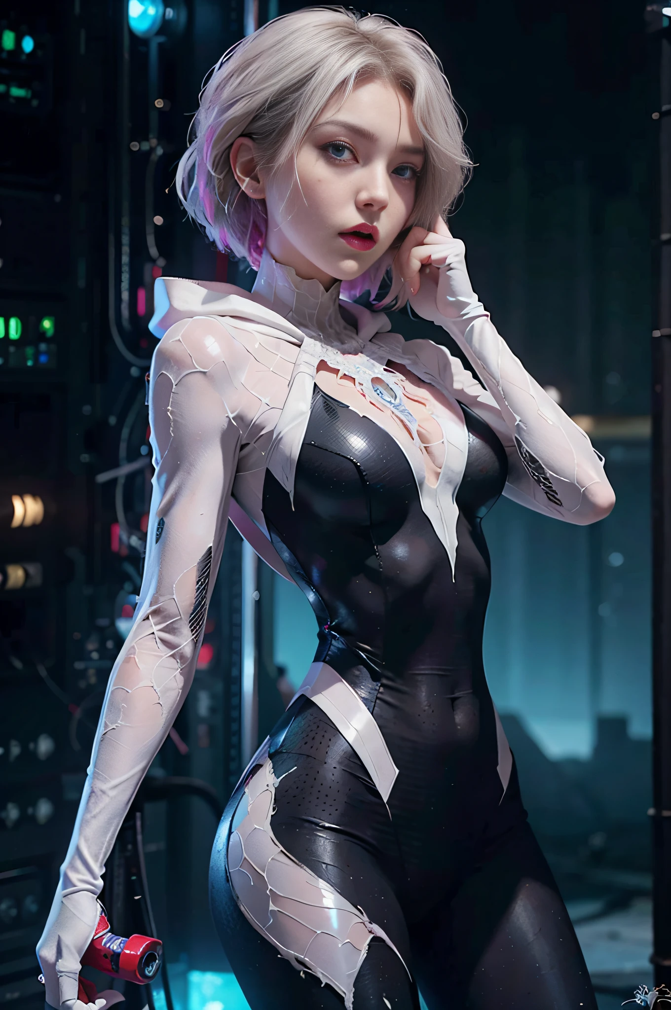 ghost spider, gwen in a black outfit with spider in the center of his chest in white, organic looking outfit, gooey forehead, symbiote, white eyes, fine art, ps5 cinematic screenshot,highly detailed detailed cinematic rendering, ultra photorealistic raytricing, with cinematic lighting