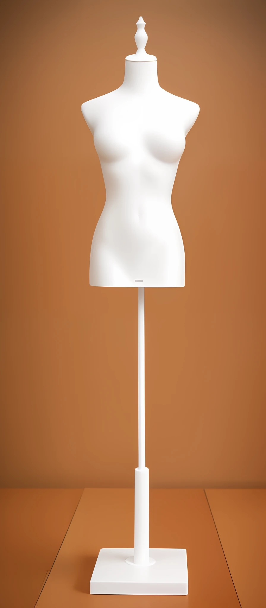 Close-up of mannequin on wooden frame, mannequin, female torso, mannequin, high resolution, high quality, short torso, female full skin figure, full length view. White plastic, including upper torso, female model, single gray background