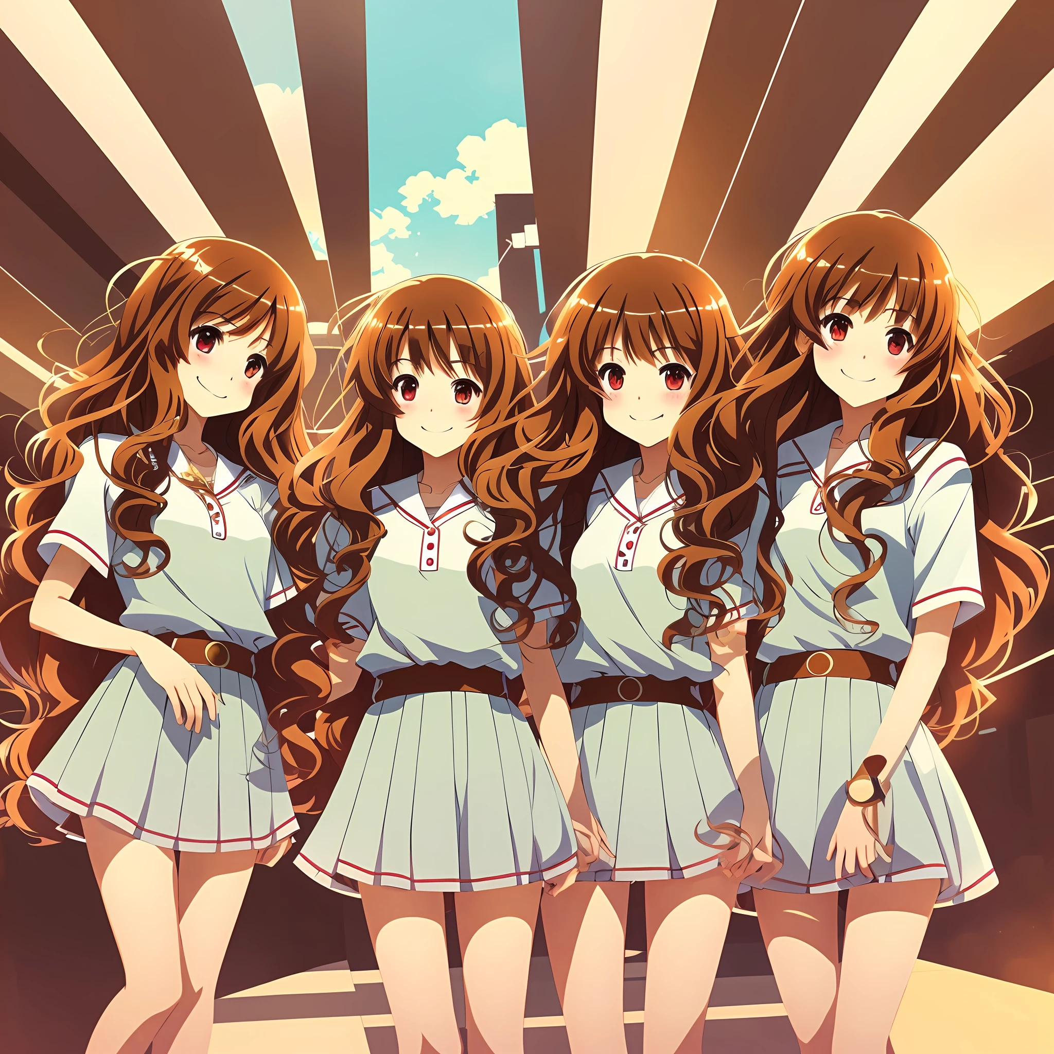 perfect anime illustration, multiple girls, teenage girls, clones, identical sisters, crowded, brown hair, curly hair, long hair, matching hairstyle, hazel eyes, smiling, casual outfits, matching outfits, highres, full body, bare legs, group picture