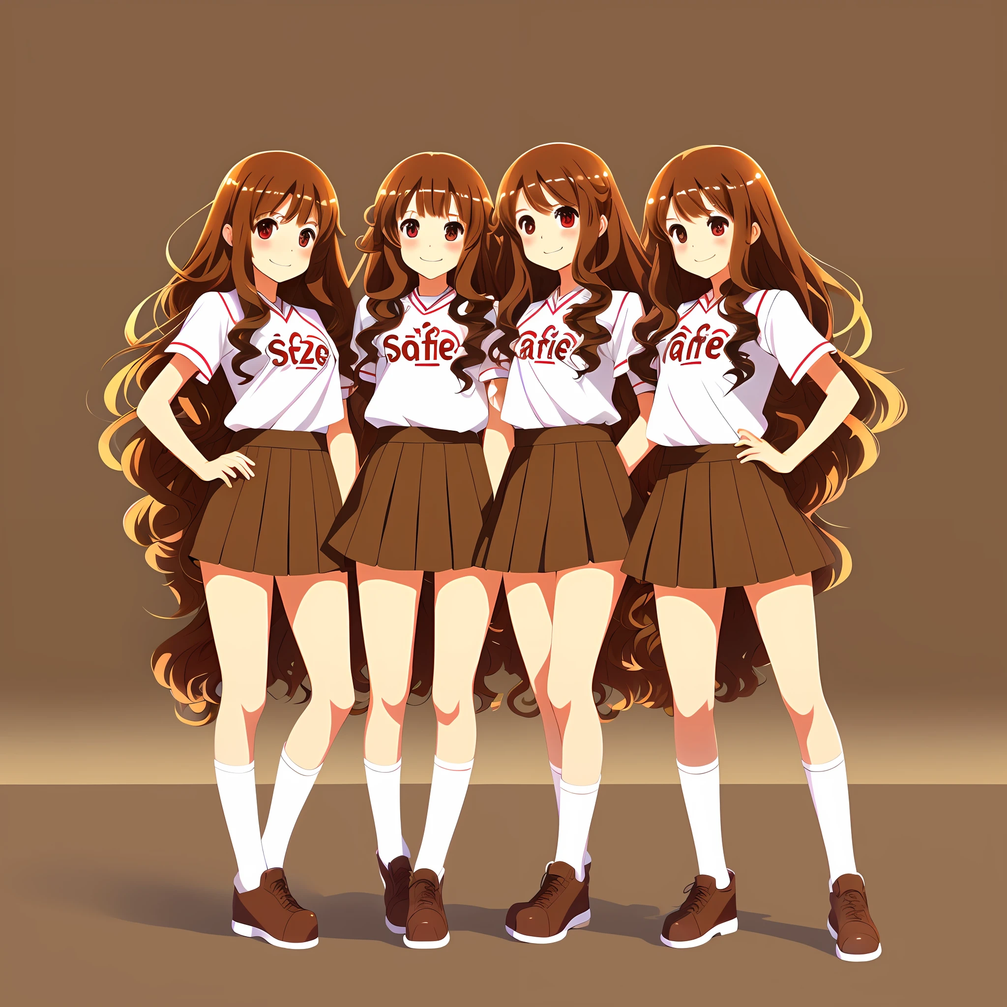 perfect anime illustration, multiple girls, teenage girls, clones, identical sisters, crowded, brown hair, curly hair, long hair, matching hairstyle, hazel eyes, smiling, casual outfits, matching outfits, highres, full body, bare legs, group picture