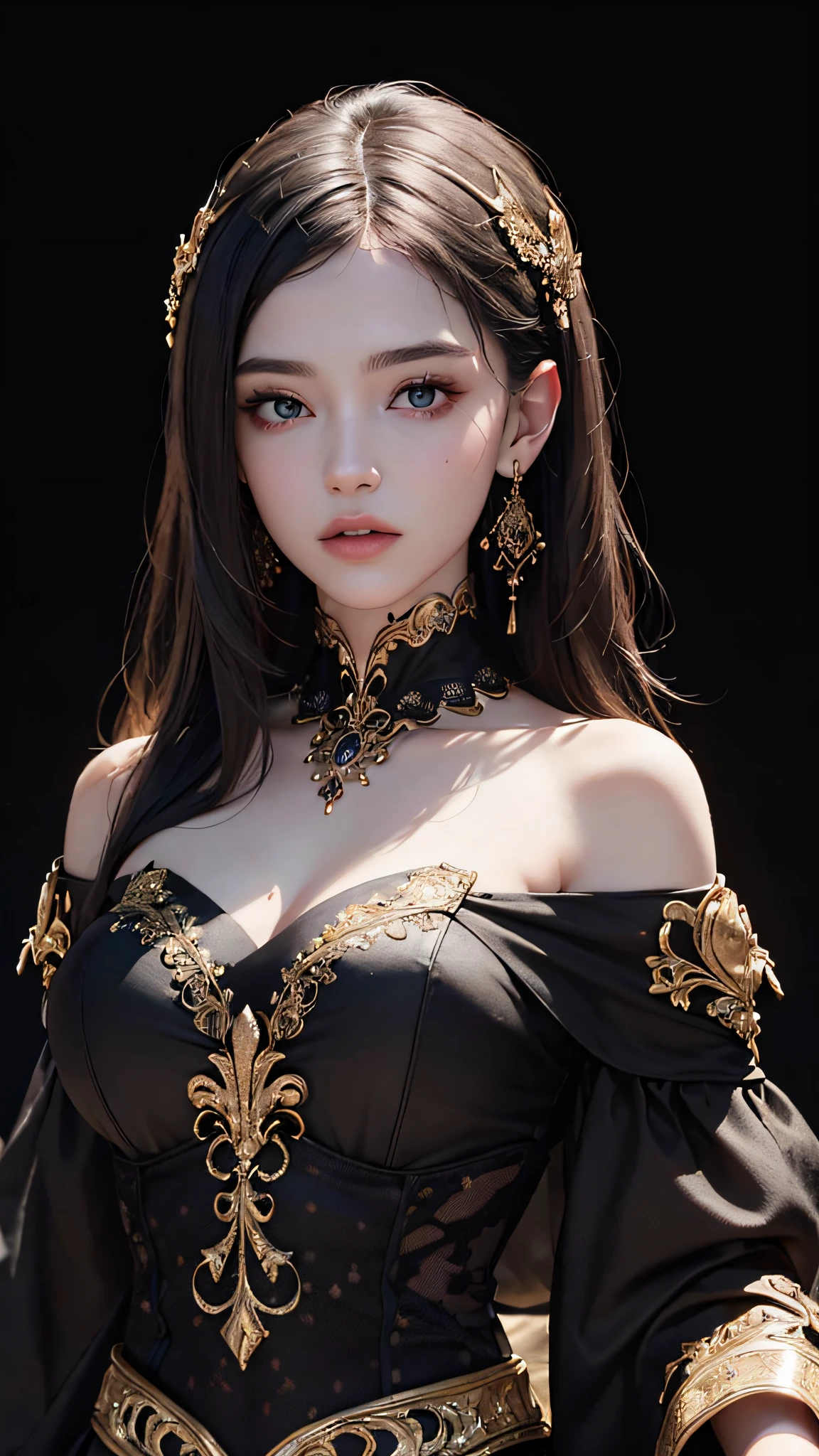 (masterpiece:1.2), (best quality), (ultra detailed), (8k,intricate), (lens 135mm,f1.8),(photorealistic)(black background:1.3), portrait photography,(upper body:1.3),(off-shoulder), side lighting,Rim lighting,best shadow,face light source, perfect anatomy, perfect face,perfect female body,first-rate female bodies, Detailed skin texture, detailed cloth texture, detailed beautiful face,exquisitely detailed skin,highly detailed skin,pale skin,detailed hair,glistening skin,