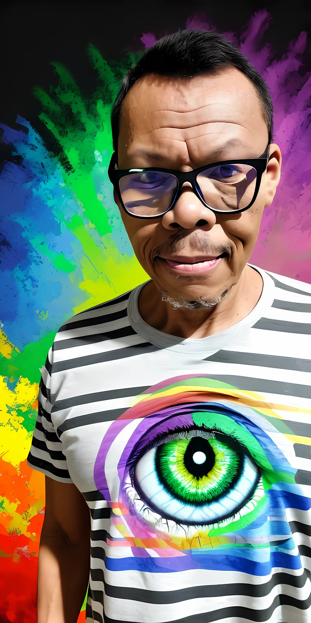 guttonerdvision3, a man if 50 years old wearing glasses, face and ultra detailed skin, (wearing striped T-shirt with the colors of the rainbow), full body, splash background of colored paint, eye level