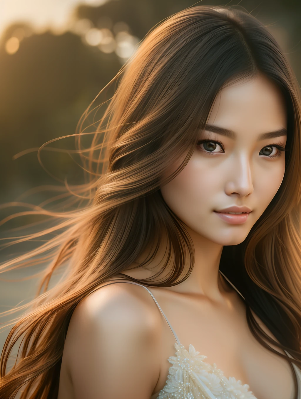 Cinematic soft lighting illuminates a stunningly detailed and ultra-realistic beautiful Chinese supermodel, beach look, long messy windy brown hair, clear honey eyes, captivating perfect smile, sensual, hot woman, gorgeous, that is trending on ArtStation. Octane is the perfect tool to capture the softest details of this 16k photography masterpiece.