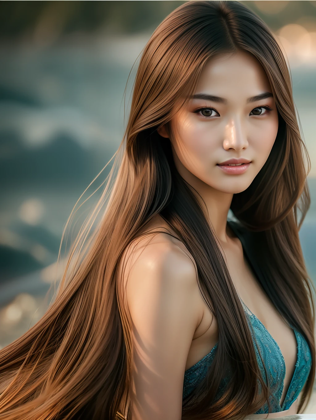 Cinematic soft lighting illuminates a stunningly detailed and ultra-realistic beautiful Chinese supermodel, beach look, long messy windy brown hair, clear honey eyes, captivating perfect smile, sensual, hot woman, gorgeous, that is trending on ArtStation. Octane is the perfect tool to capture the softest details of this 16k photography masterpiece.