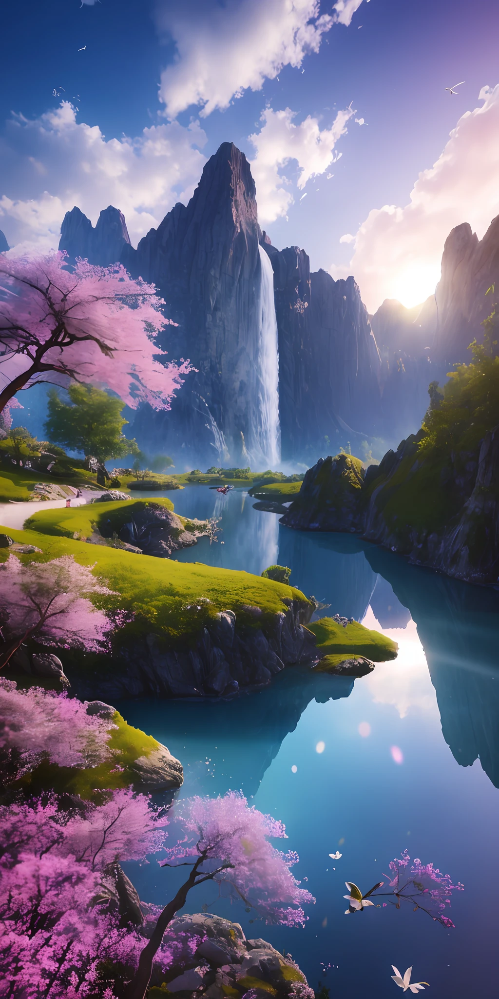 masterpiece, best quality, high quality, extremely detailed CG unity 8k 16:9 wallpaper, scenery, outdoors, sky, cloud, day, no humans, mountain, small birds , lily lake,landscape, water, cherry trees, blue sky, high waterfall, high cliff, nature, lake, river, cloudy sky,award winning photography, Bokeh, Depth of Field, HDR, bloom, Chromatic Aberration ,Photorealistic,extremely detailed, trending on artstation, trending on CGsociety, Intricate, High Detail, dramatic, art by midjourney