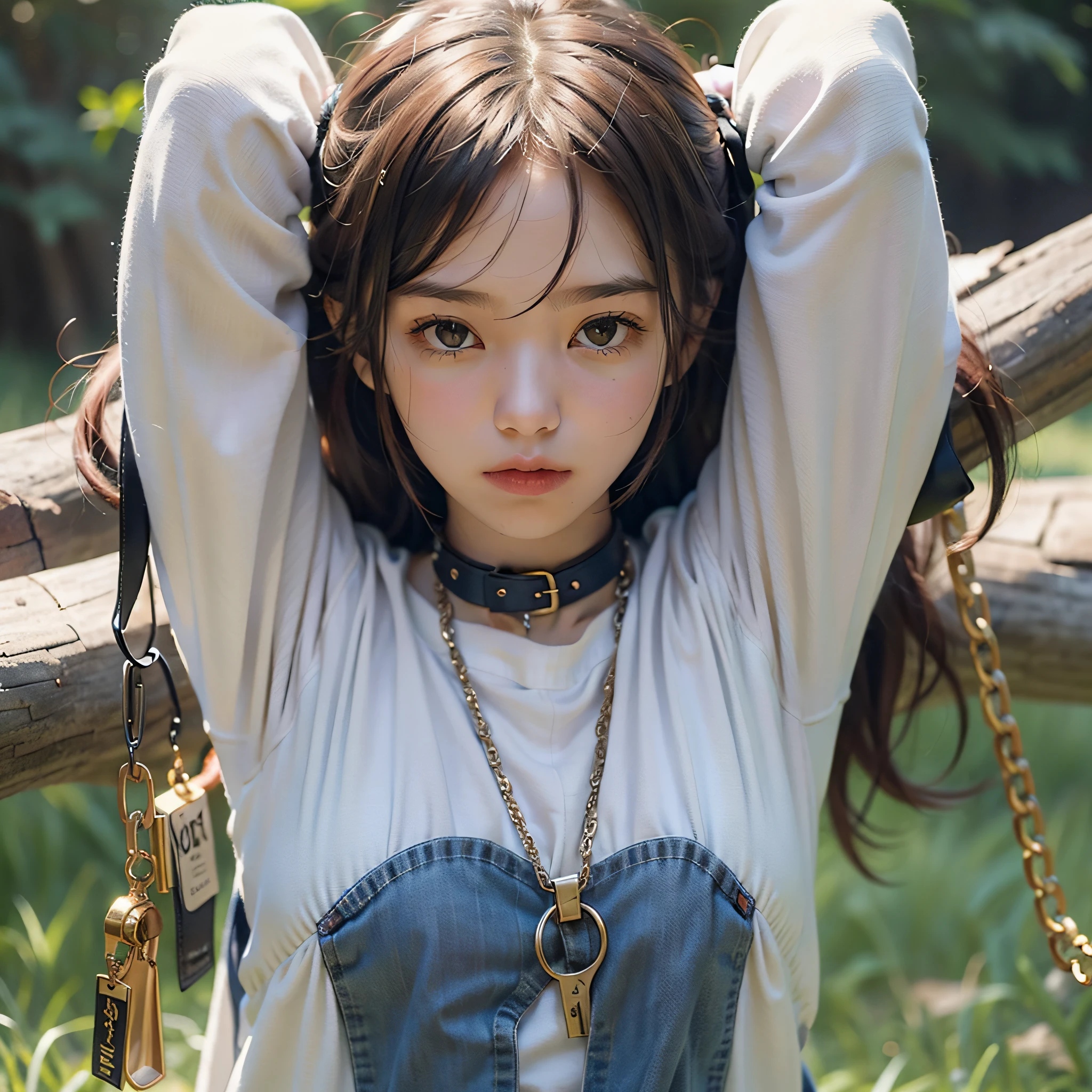 A girl is tied, her hands are hanged, sm, dog chains