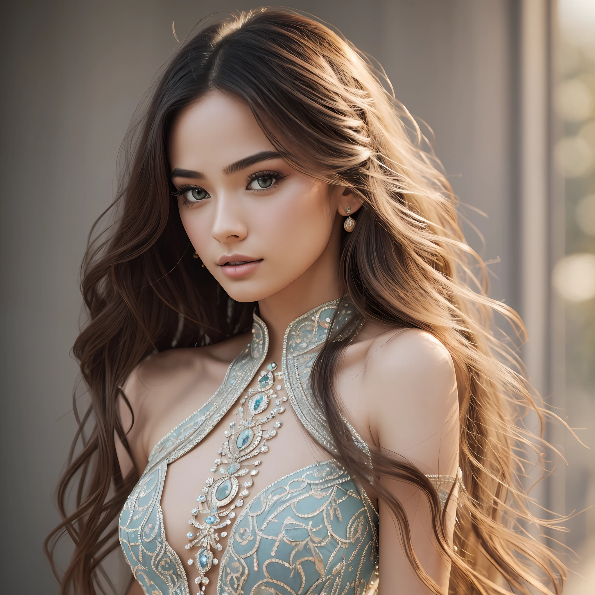 Generate a photograph of a woman. Intricate maximalist-detailed skin texture, long and voluminous hair, sharp eyes, a thin and upturned nose, shapely lips, and an hourglass body shape, wearing a simple dress and makeup, create a harmonious background for the photograph. Minimalist-detailed, vibrant, epic, smooth, cinematic, 4K, backlit, and with a deep depth of field. Use a pastel color palette. --auto --s2