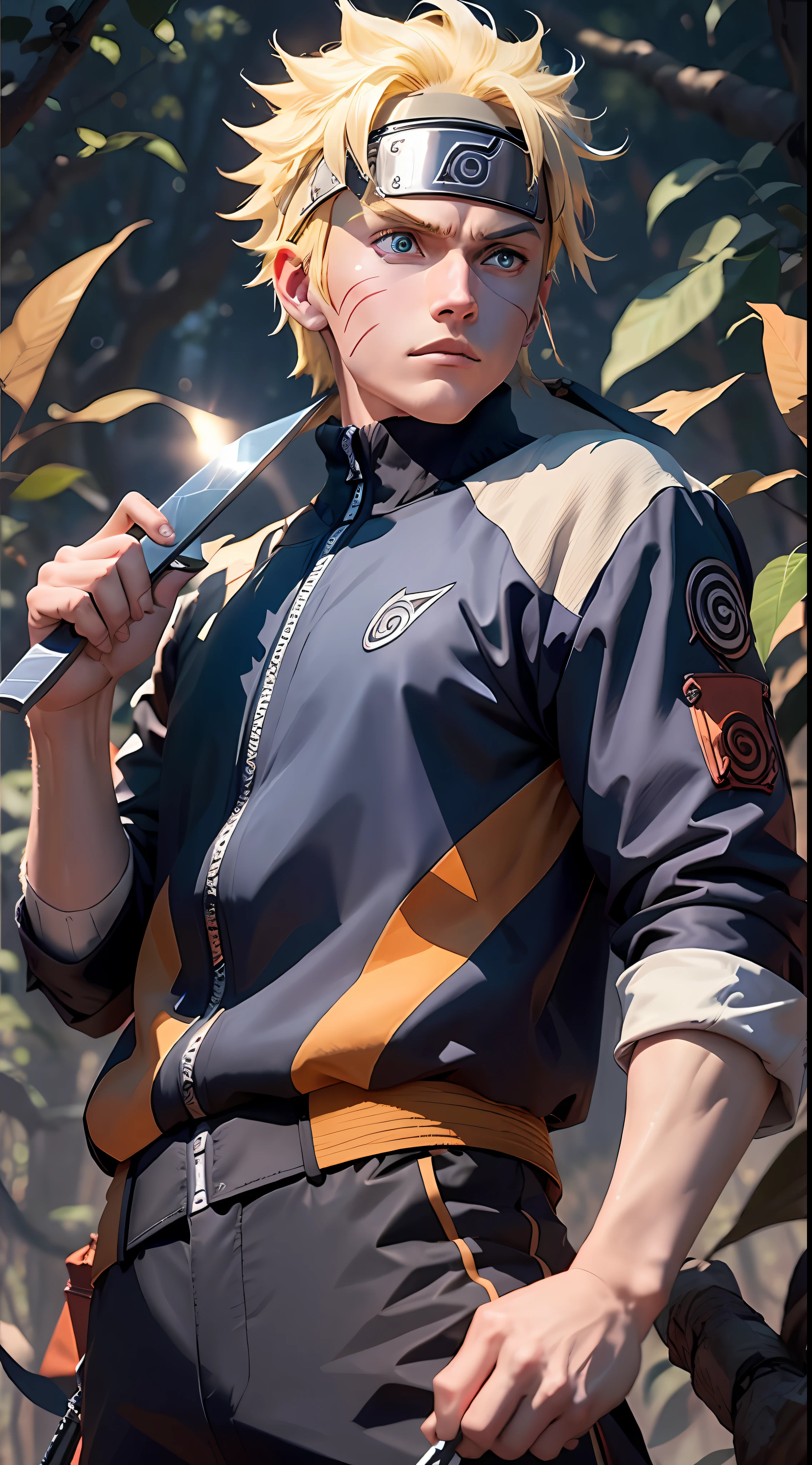 full-bodyed, shiny, a boy with blond hair, blue eyes and a face marked by whiskers similar to that of Naruto Uzumaki, wearing a black jumpsuit with red stripes and a black jacket, holding a kunai in his right hand and a shuriken in his left hand, standing on a tree branch in a forest, a mark on the palm of his left hand that resembles a diamond with four triangles around it, 4k, anime