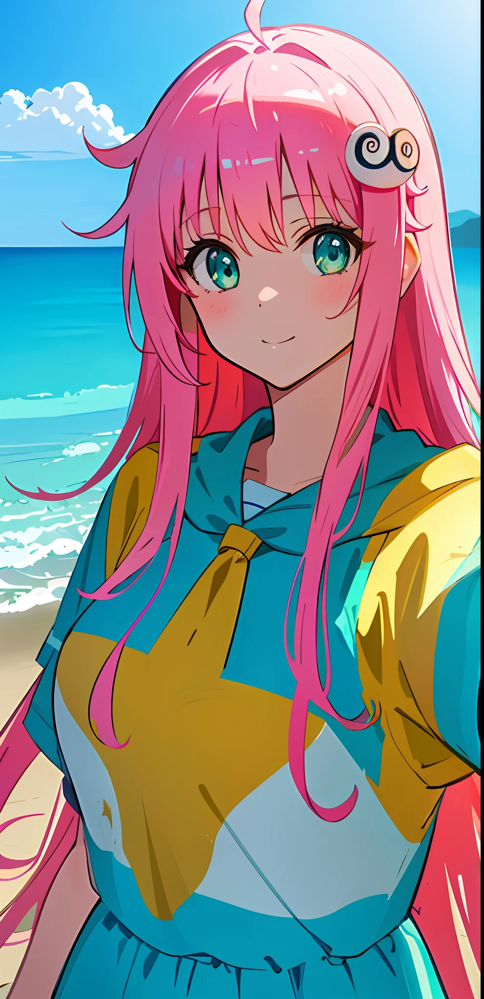 masterpiece, best quality, ultra-detailed, illustration, 1girl, (upper body:1.4), (looking at viewer:1.4), bikini, beautiful detailed eyes, beautiful detailed glow, lots of glow, seascape, beach, sand, lala satalin deviluke, selfie, green eyes, hair pin