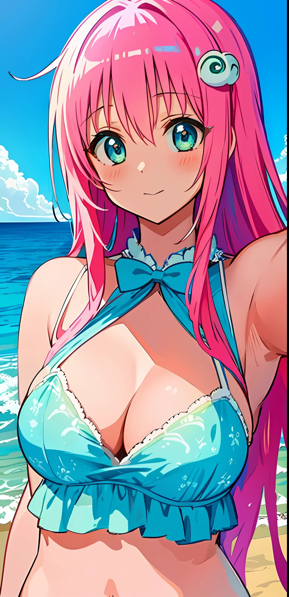 masterpiece, best quality, ultra-detailed, illustration, 1girl, (upper body:1.4), (looking at viewer:1.4), bikini, beautiful detailed eyes, beautiful detailed glow, lots of glow, seascape, beach, sand, lala satalin deviluke, selfie, green eyes, hair pin