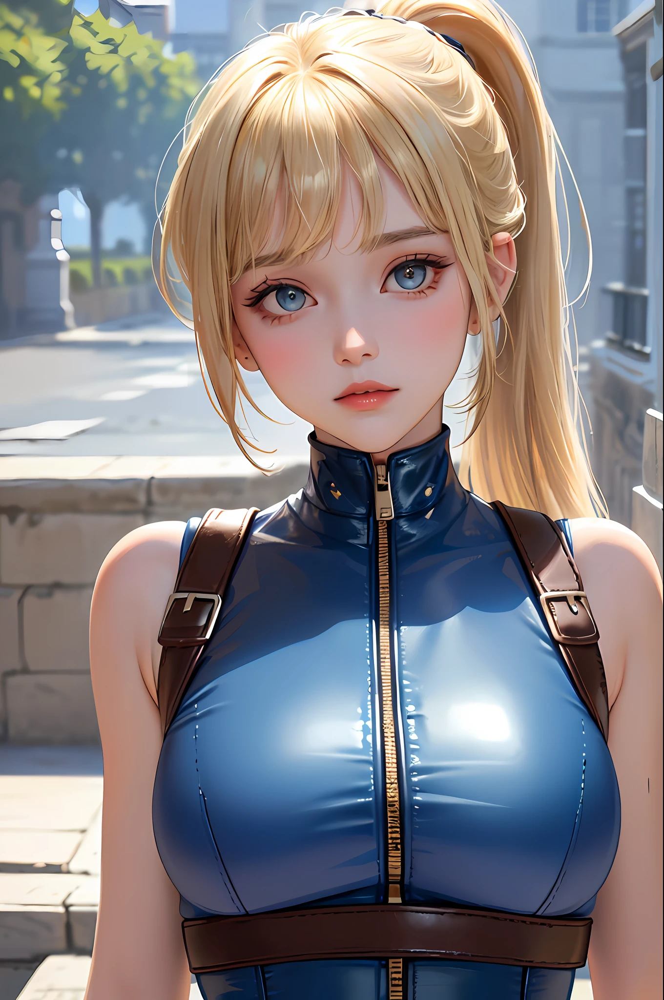 From bottom, masterpiece, top quality, spring clothes, outdoor, upper body, sleeveless, normal small size,bangs bangs ,((beautiful fine hair))),(beautiful fine face),(((beautiful fine background)),blond hair, showing forehead, center zipper, leather blue bodysuit, sleeveless, shiny, reverse hair, brown belt and ponytail at the buttocks