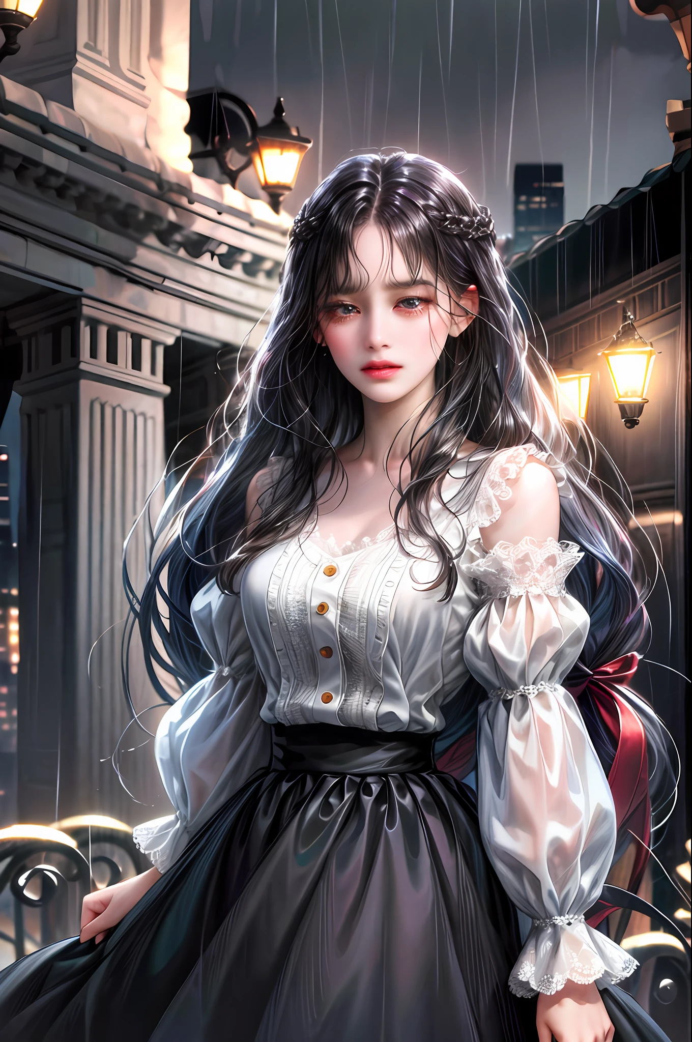 (absurd, high resolution, super detailed), 1 girl, solo, mature, (very long hair, black hair, bangs: 1.4), long skirt, long sleeves, colorful, highest detail, upper body, 21st century, girl today, landscape rainy night city, at night, night view, there are many buildings and lights, she cries in the rain, really sad, the expression on her face is painful