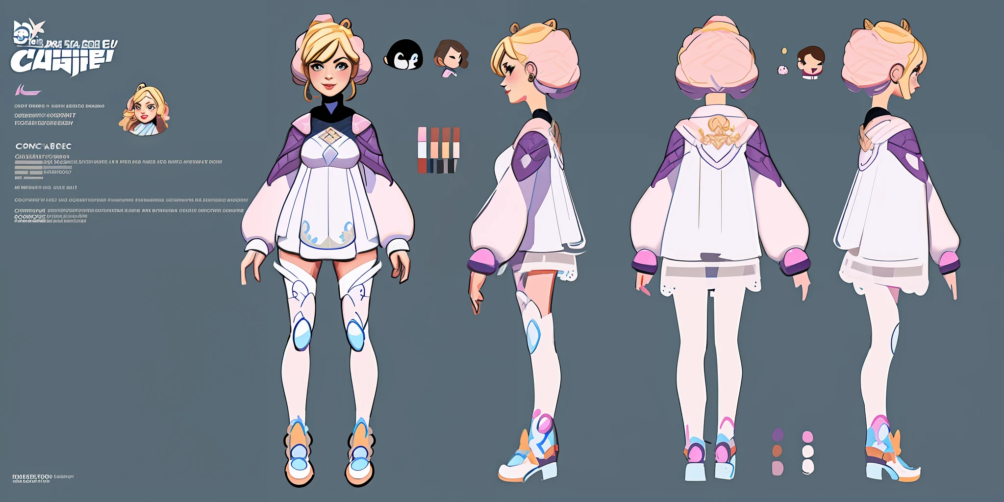 girl with blonde hair and white dress, comic character design, [ character design ], cute comic character design, comic character reference sheet, character design art, highly detailed character design, high quality character design, full body character design, comic concept art, detailed character design,  Detailed comic character art, interesting character design