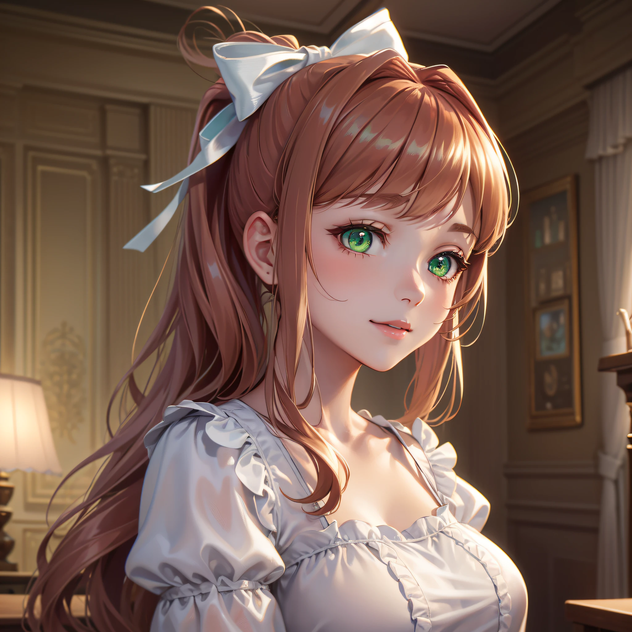 (best quality), masterpiece, an extremely delicate and beautiful, extremely detailed, CG, unity, 2k wallpaper, amazingly detail, light smile, extremely detailed CG unity 8k wallpaper, huge filesize, ultra-detailed, highres, soft light, (best shadow), ((monika, high ponytail tied back with a large white bow, hair curled slightly at the ends, aesthetic, green eyes)), face, star eyes, science fiction, room, night