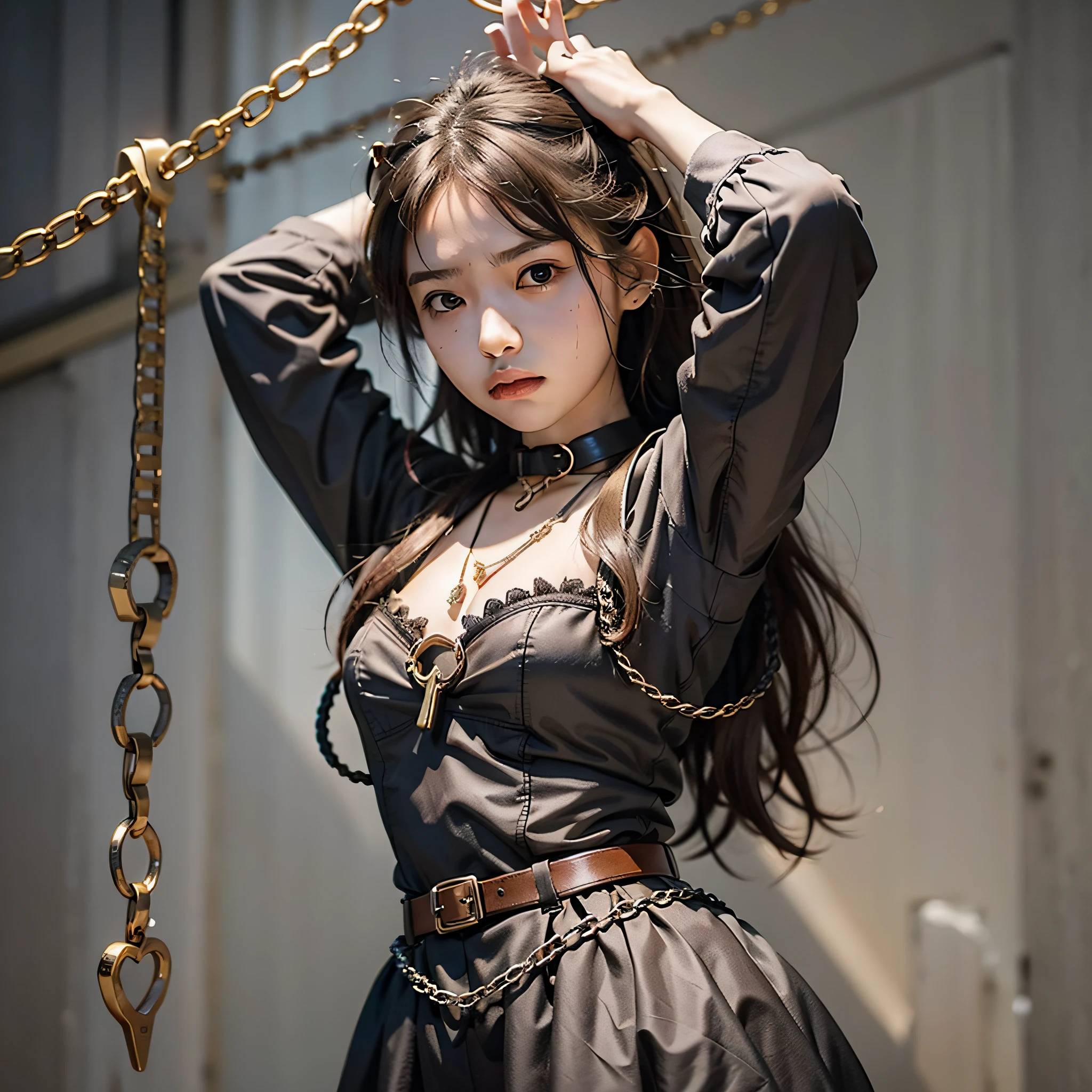 A girl is bound, her hands are hanged, sm, dog chains, her hands raised above her head, her expression of pain