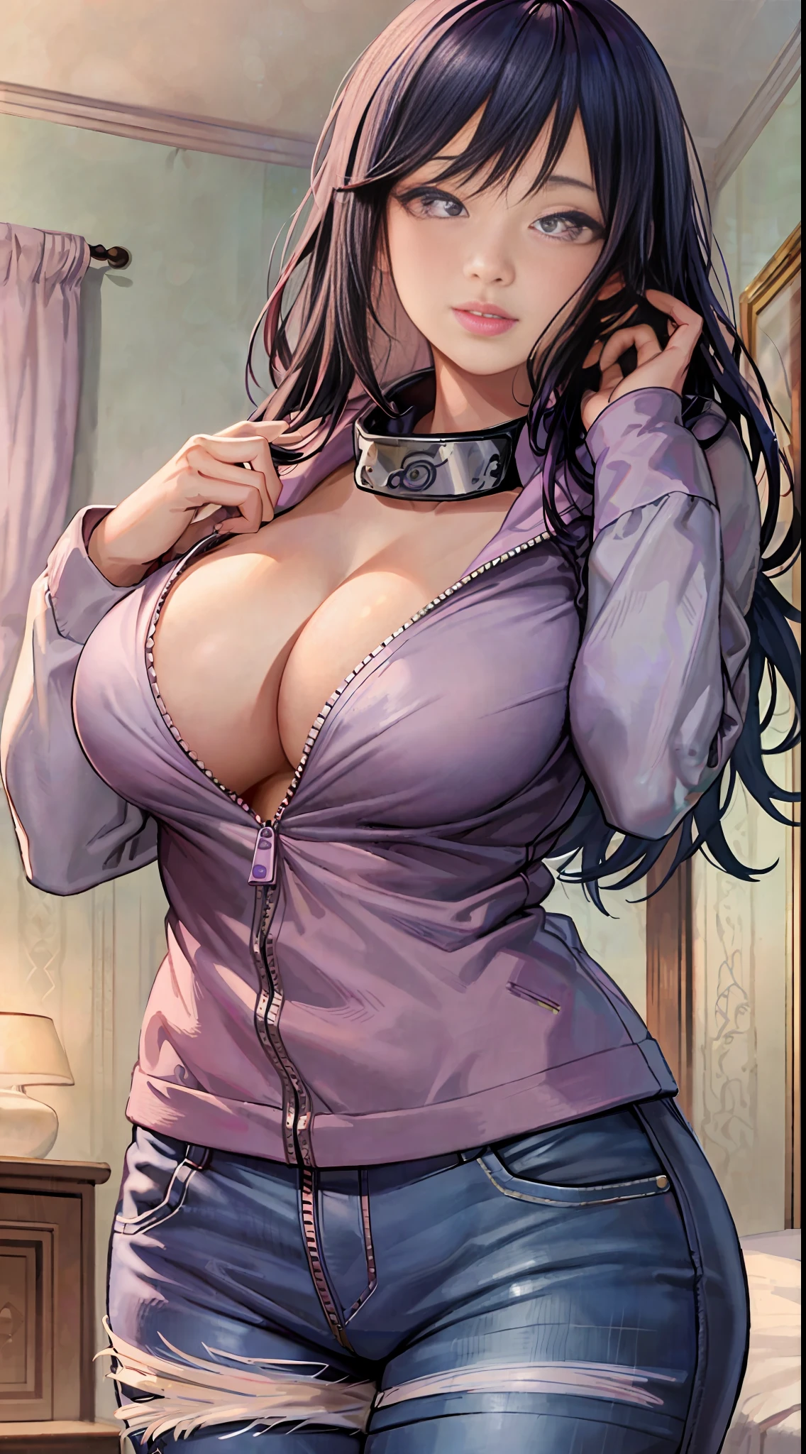 Masterpiece, highres, high Quality, detailed face, detailed nose, detailed lips, detailed eyes, 1girl, solo, hyuuga hinata, medium breast, blue pants, purple jacket, huge lips, pink lips, pink lipstick, unzipped, breasts out, no bra, standing, blushes, pink kissed, (on bedroom), realistic