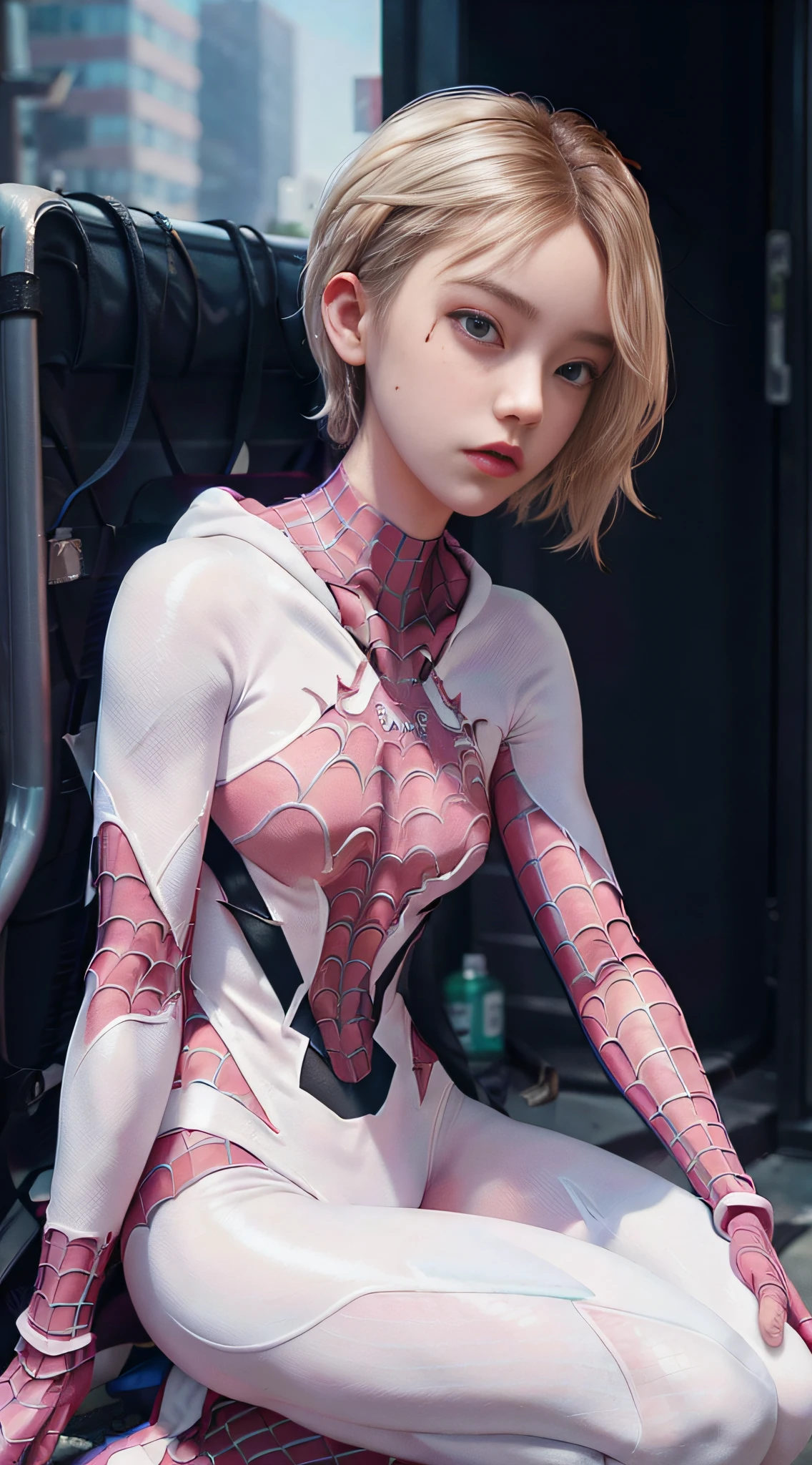Full body shot, sitting on the ground, exaggerated, 25 years old Spider-girl, Gwen, female Spider-Man, Wenger Spider-Man costume, ((white pink costume)), 24mm, 4k texture, low light, HDR, complex, short blonde hair, high detail, (side of shaved head: 1.3), sharp focus, crazy detail, complex detail, hyper-detail,